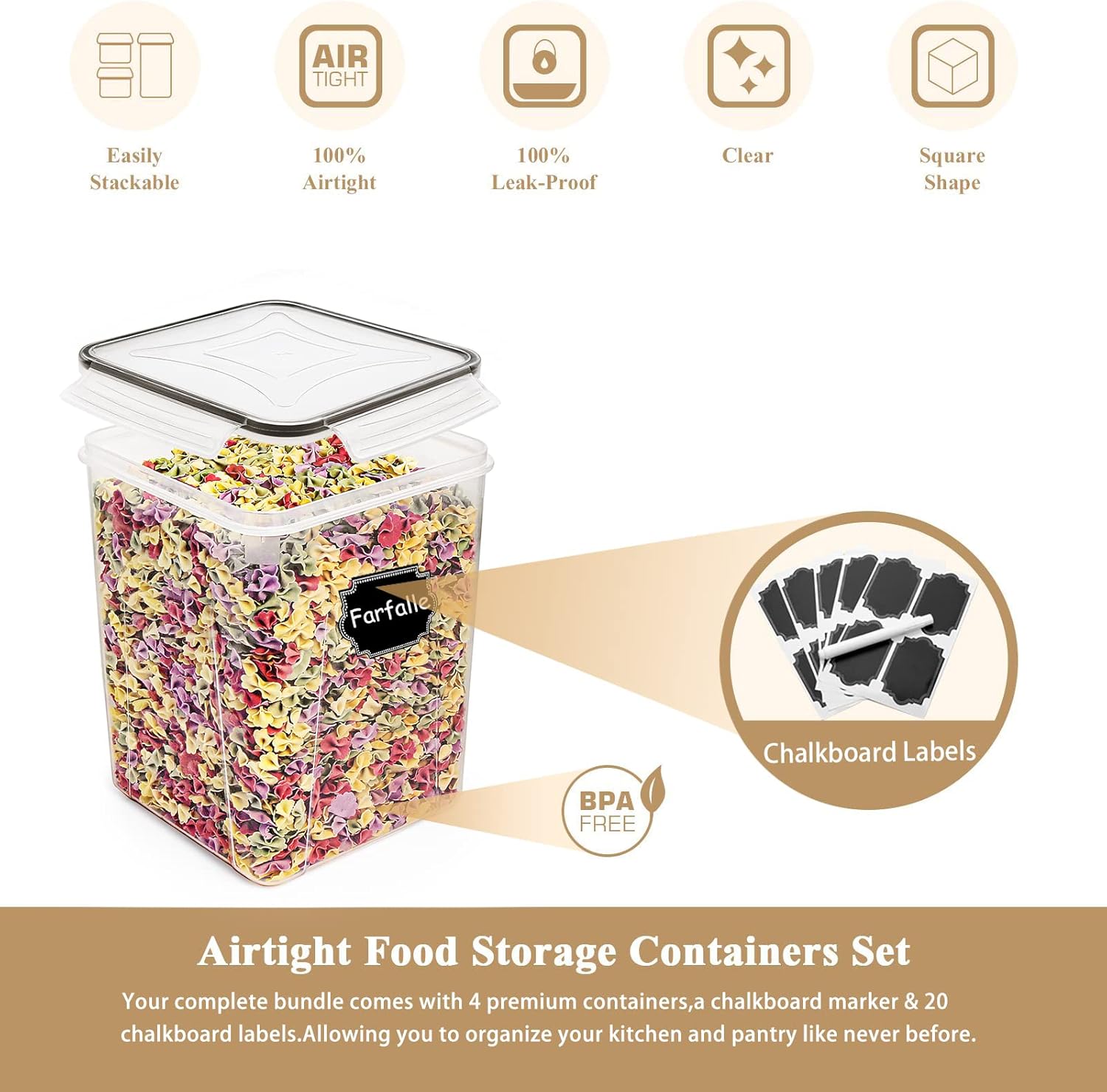 Wildone Large Food Storage Containers 5.2L /175oz, 4 Piece BPA Free Plastic Airtight Food Storage Containers for Flour, Sugar, Baking Supplies, Kitchen & Pantry Containers with 20 Labels - Image 5