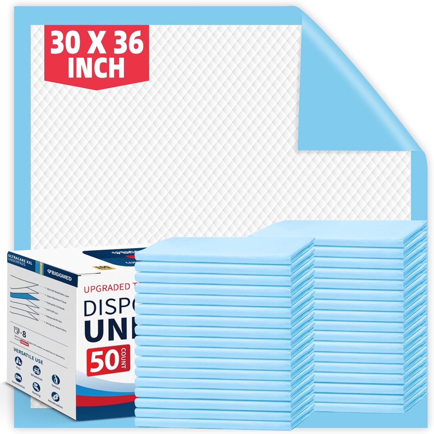 BIGGMED Tear-Resistant Disposable Bed Pads 30" x 36" 50 Count Absorbent Underpads, Chux Thicker Extra Large Incontinence Bed Pads, Pee Pads for Adults, Kids, Elderly, Pets - Image 2