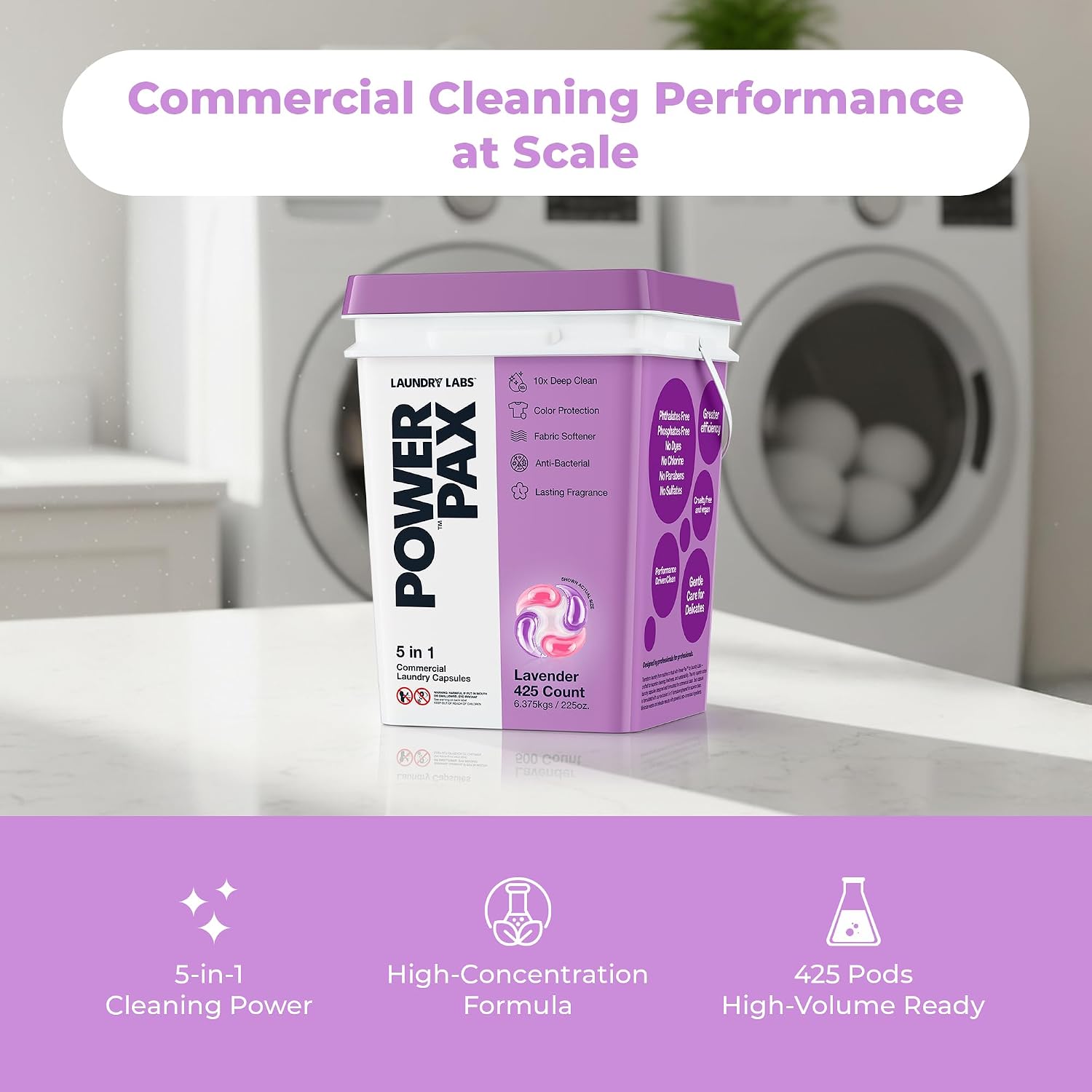 PowerPax 5-in-1 Laundry Detergent Pods - 425 Count, Washer Pods with Stain Remover, Odor Control, Fabric Softener & Color Care for Commercial Laundry - Lavender - Image 4