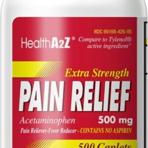 HealthA2Z® Extra Strength Pain Relief, Acetaminophen 500mg, Dye Free, Contains No Aspirin, Fever Reducer, Pain Reliever (500 Count (Pack of 1))