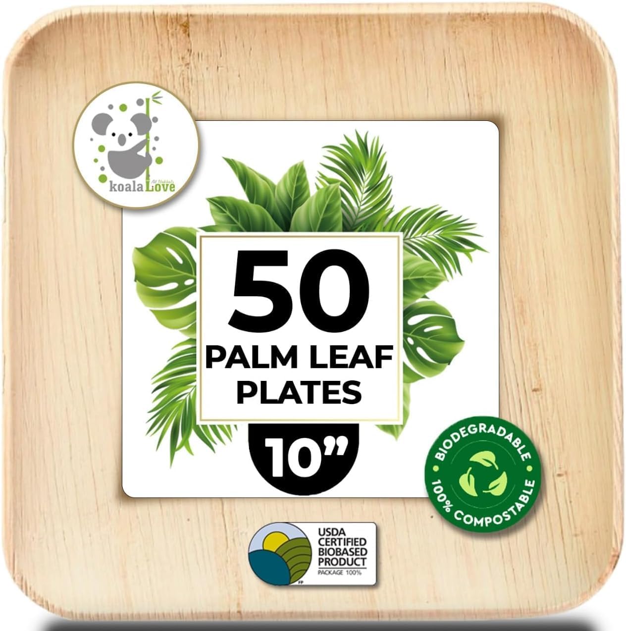 Palm Leaf Plates 10 Inch Bamboo Paper Disposable 50 Bulk Dinner Square Party Plates Event Tableware Eco Biodegradable Compostable Wooden Plate Best Alternative to Plastic Plate, By KoalaLove - Image 2