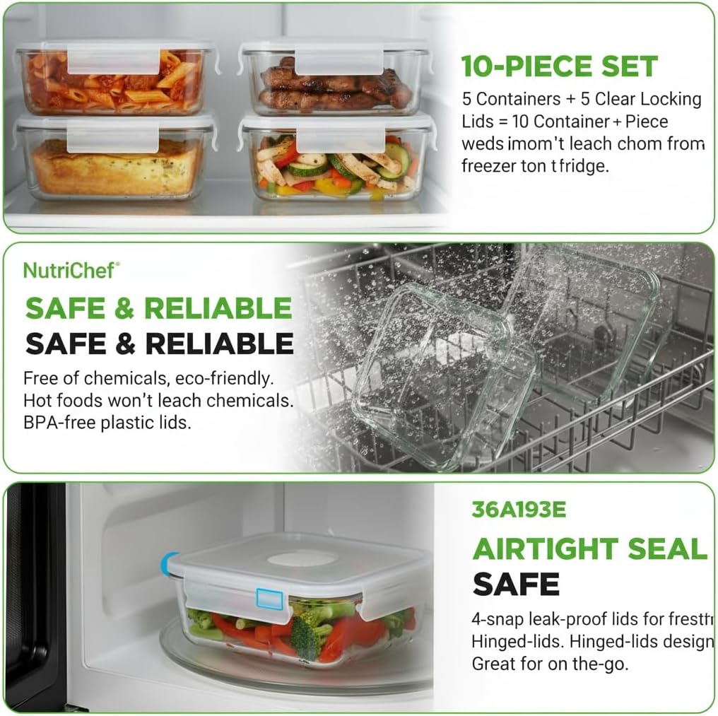 NutriChef 10-Piece Superior Glass Food Storage Containers Set (5 Containers + 5 Locking Lids),Stackable Meal-prep Design, BPA-free Airtight Clear Locking lids with Vent Lids & Air Hole, NCCLX5 - Image 6