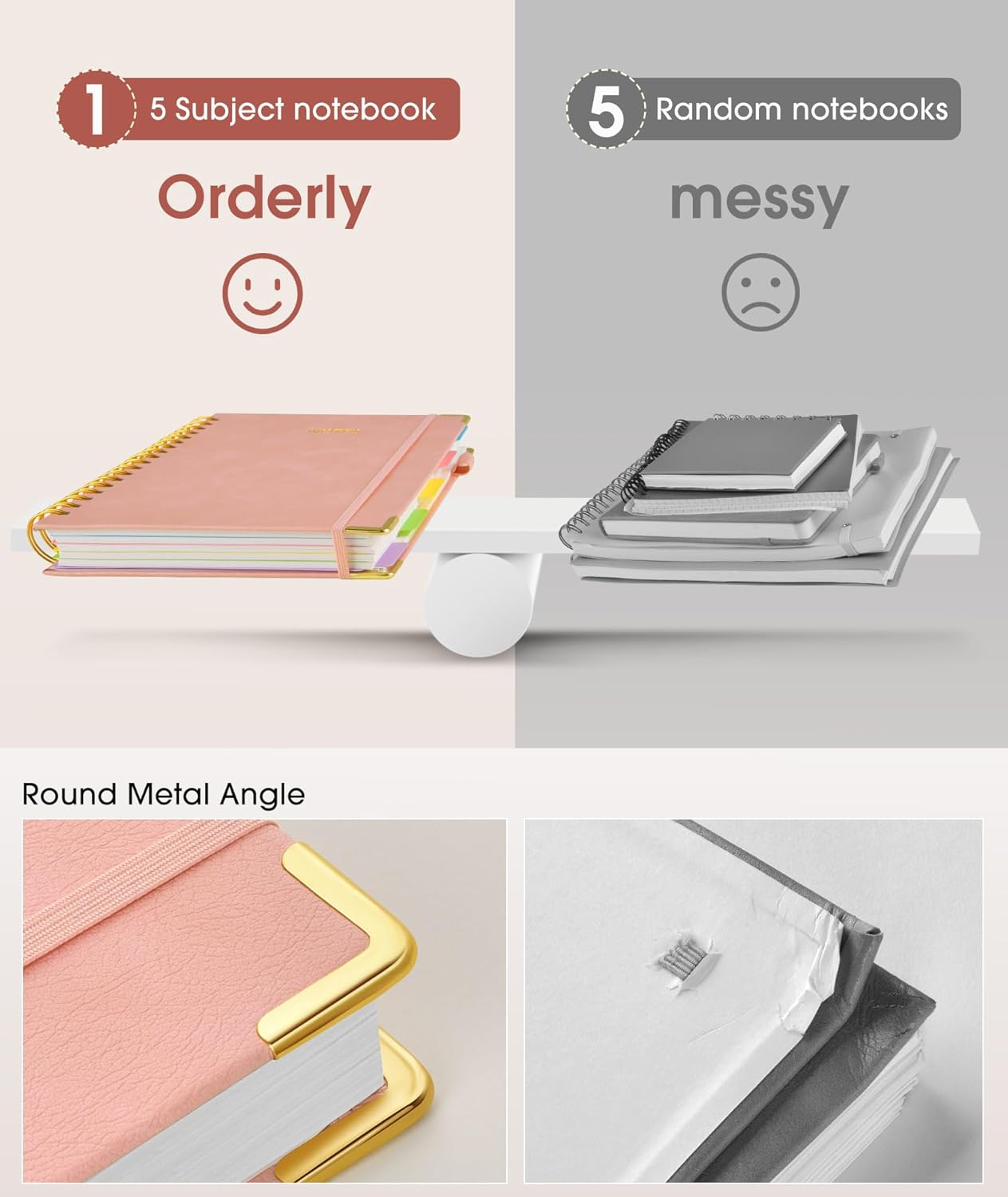 Hardcover Spiral Notebook Journal with Removable Dividers Tabs, 300 Pages Leather 5 Subject Notebook College Ruled, 8"x10" Large B5 Notebooks for Work School Note taking, Lined Journal for Women, Pink - Image 3