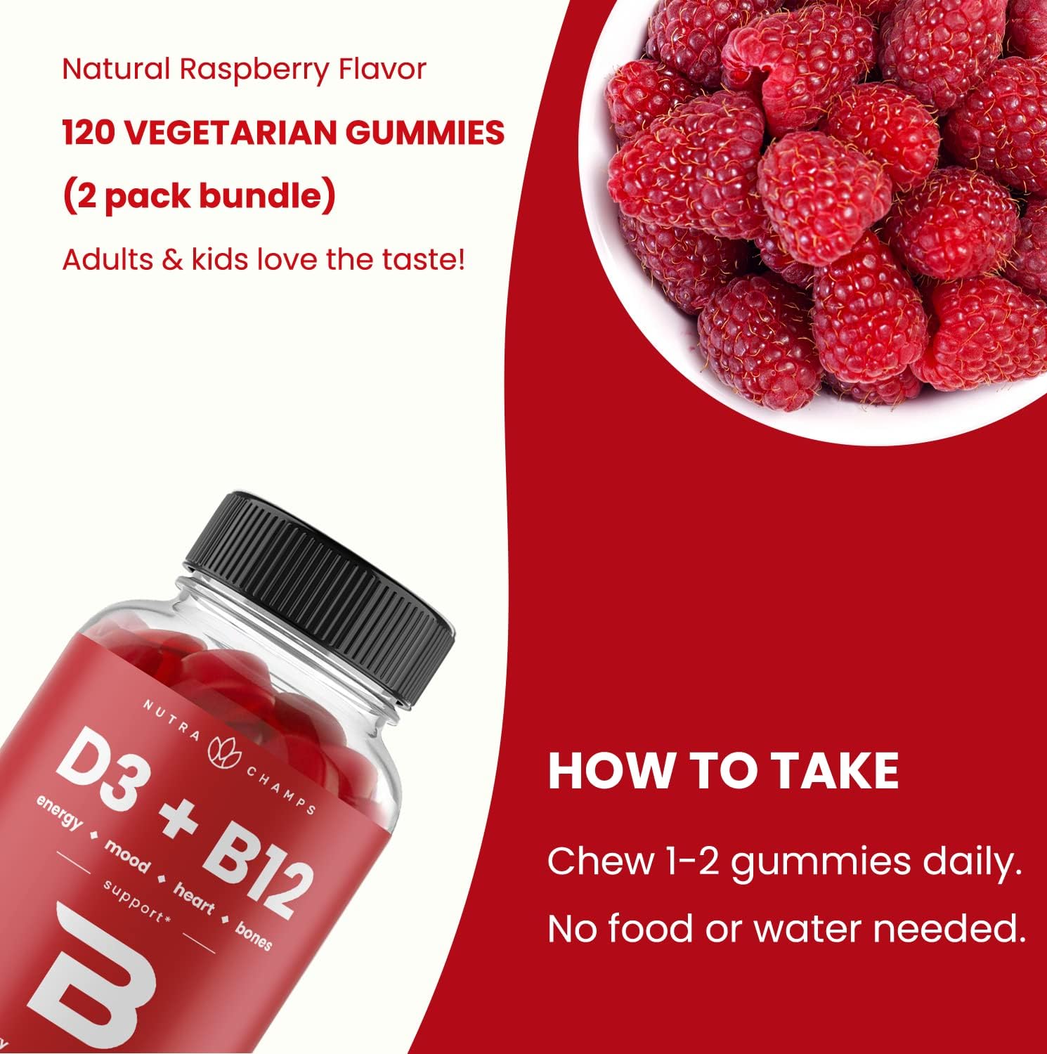 NutraChamps Vitamin D3 & B12, Methyl B12 Gummies for Adults & Kids, Enhanced with Vitamin D 3 & B9 Vitamin Folate, Natural Energy, Mood, Metabolism & Focus, Raspberry, 120 Gummies (Pack of 2) - Image 6