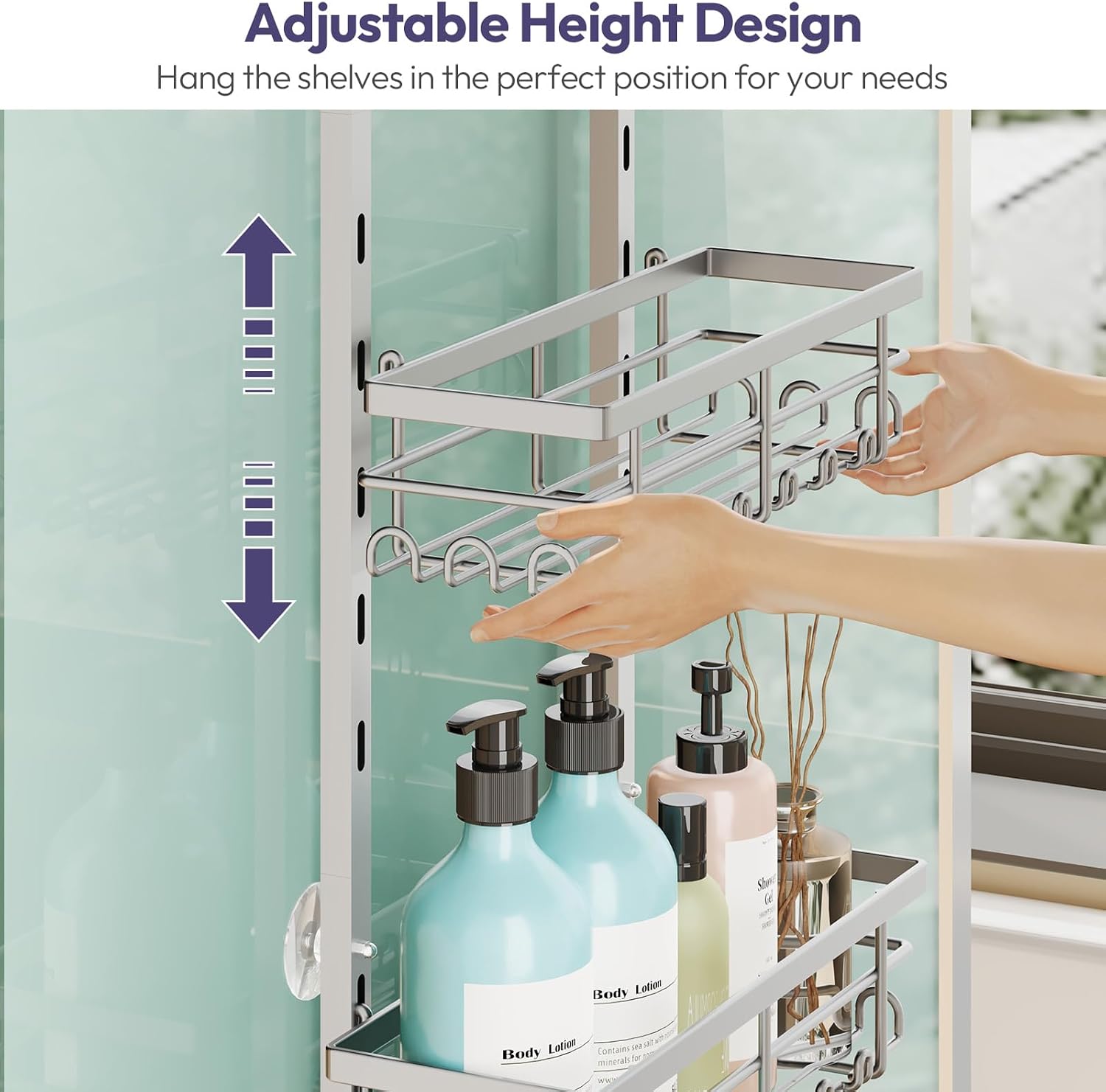 SWTYMIKI Over The Door Shower Caddy - 4 Tier Rustproof Hanging Shower Organizer with Adjustable Shelves, 40 Hooks & Soap Holder, Hanging Shower Rack Storage for Bathroom Accessories, Silver - Image 3