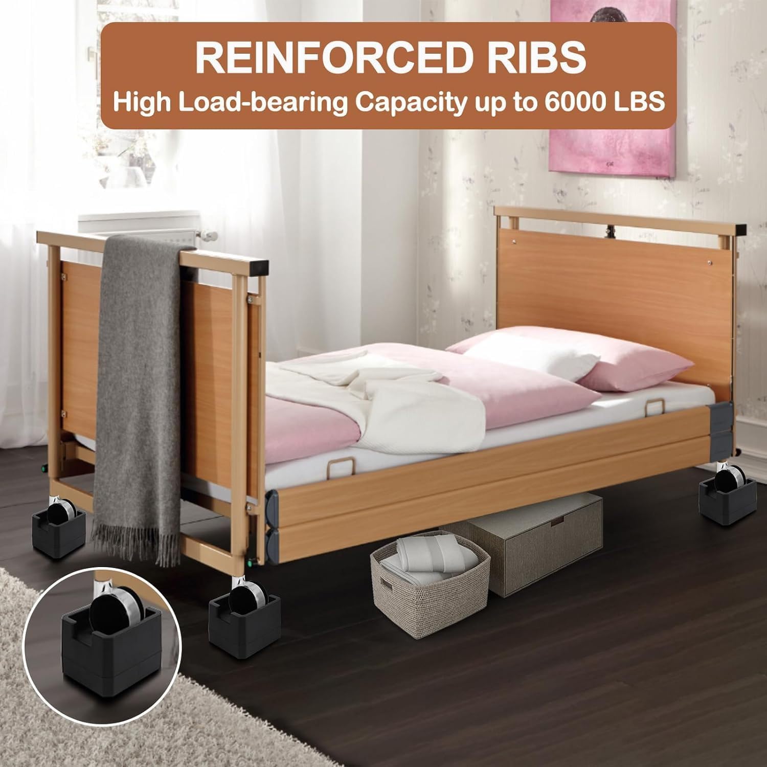 Bed Risers, Black, 3 Inch Height, Double-Sided Stackable Design for Different Furniture Legs and Wheels, 4 Pack (Black, 3 Inch) - Image 4
