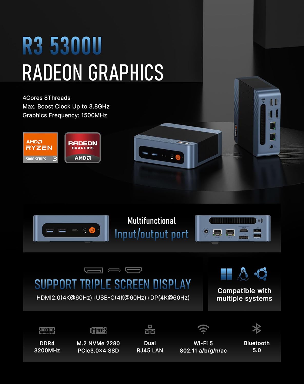 BOSGAME E5 Multi-Functional Mini PC, Ryzen 3 5300U 4C/8T, 11 Pro Dual LAN 2.5GbE Desktop Computers, 16GB DDR4 1TB PCIe SSD, Triple Displays 4K 60Hz, HDMI 2.0, DisplayPort, USB-C, Wi-Fi 5, BT 5.0 - Image 3