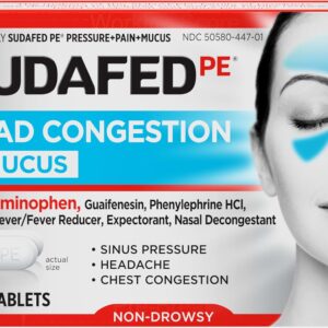Sudafed PE Head Congestion Plus Mucus Relief Tablets for Sinus Pressure, Congestion and Headache, Non-Drowsy Decongestant with Acetaminophen, Guaifenesin, Phenylephrine HCI, 24 ct