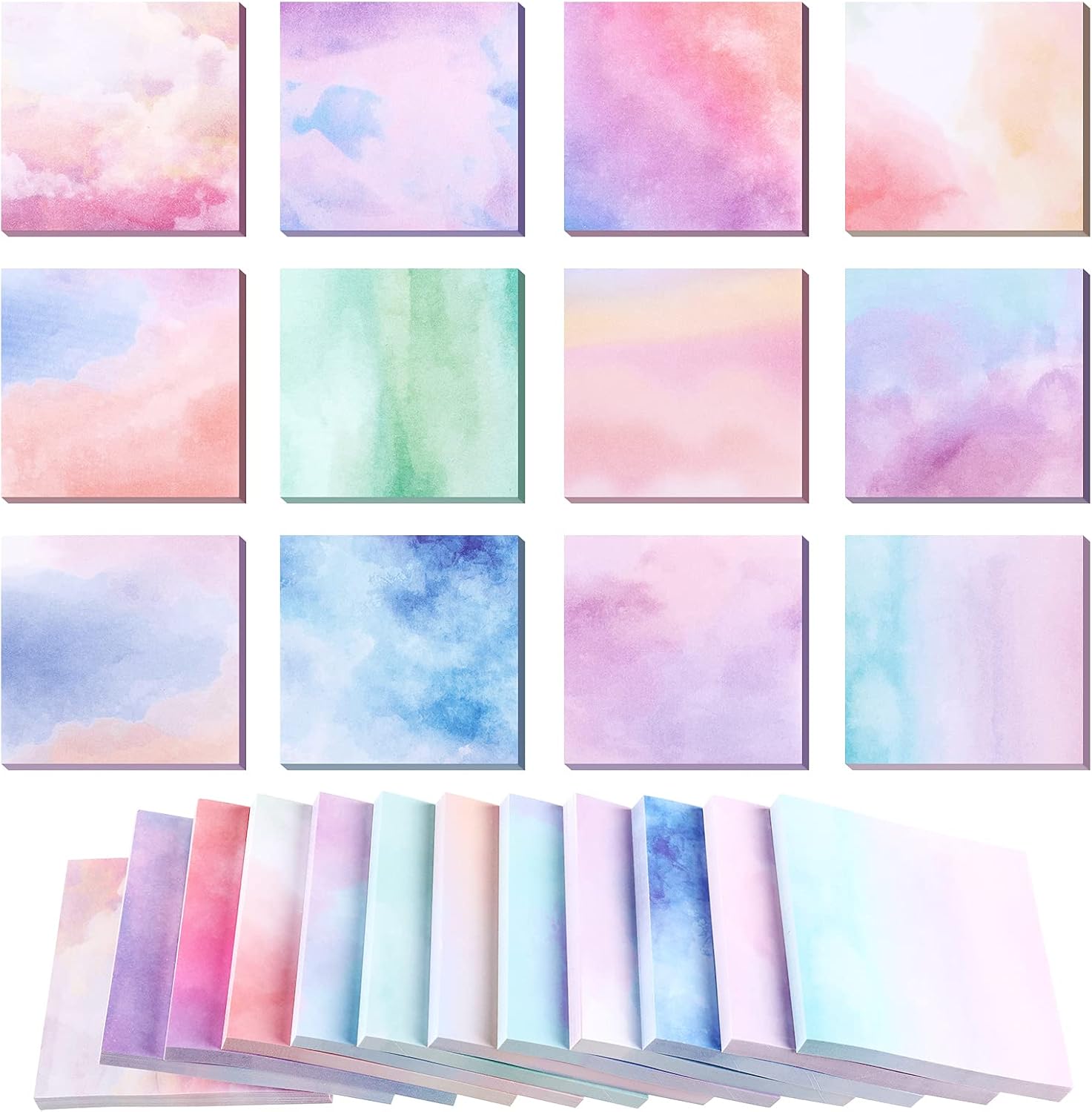 Outus 12 Pads 720 Sheets Gradient Watercolor Sticky Notes 2.8 x 2.8 Inch Cute Sticky Notes Bulk Fun Self Adhesive Memo Pads for Office School Classroom Home Students Teachers Gifts(Classic) - Image 2