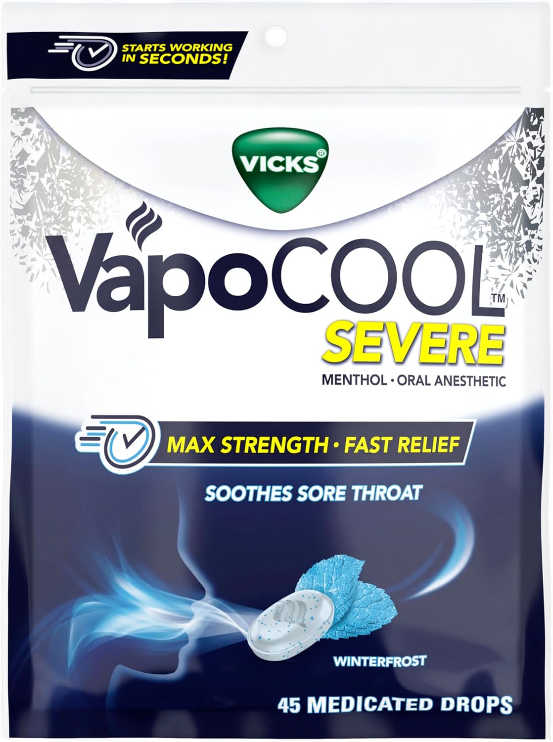 Vicks VapoCool Severe Medicated Sore Throat Drops, Max Strength Menthol, Soothes Sore Throat Pain, Winterfrost Flavor, 45ct - Image 2