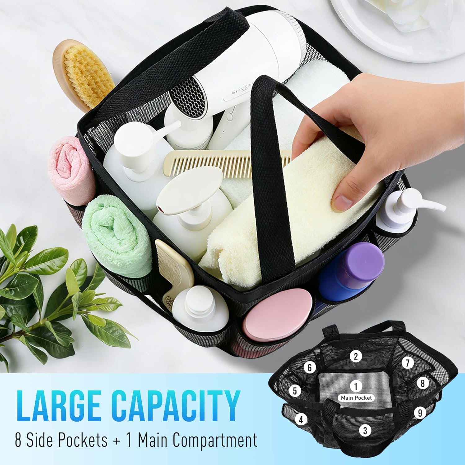 Mesh Shower Caddy Portable, Shower Tote Bag for Dorm Room Essentials, 8 Pockets Large Shower Basket for College Gym Beach Camping (1, Black) - Image 5