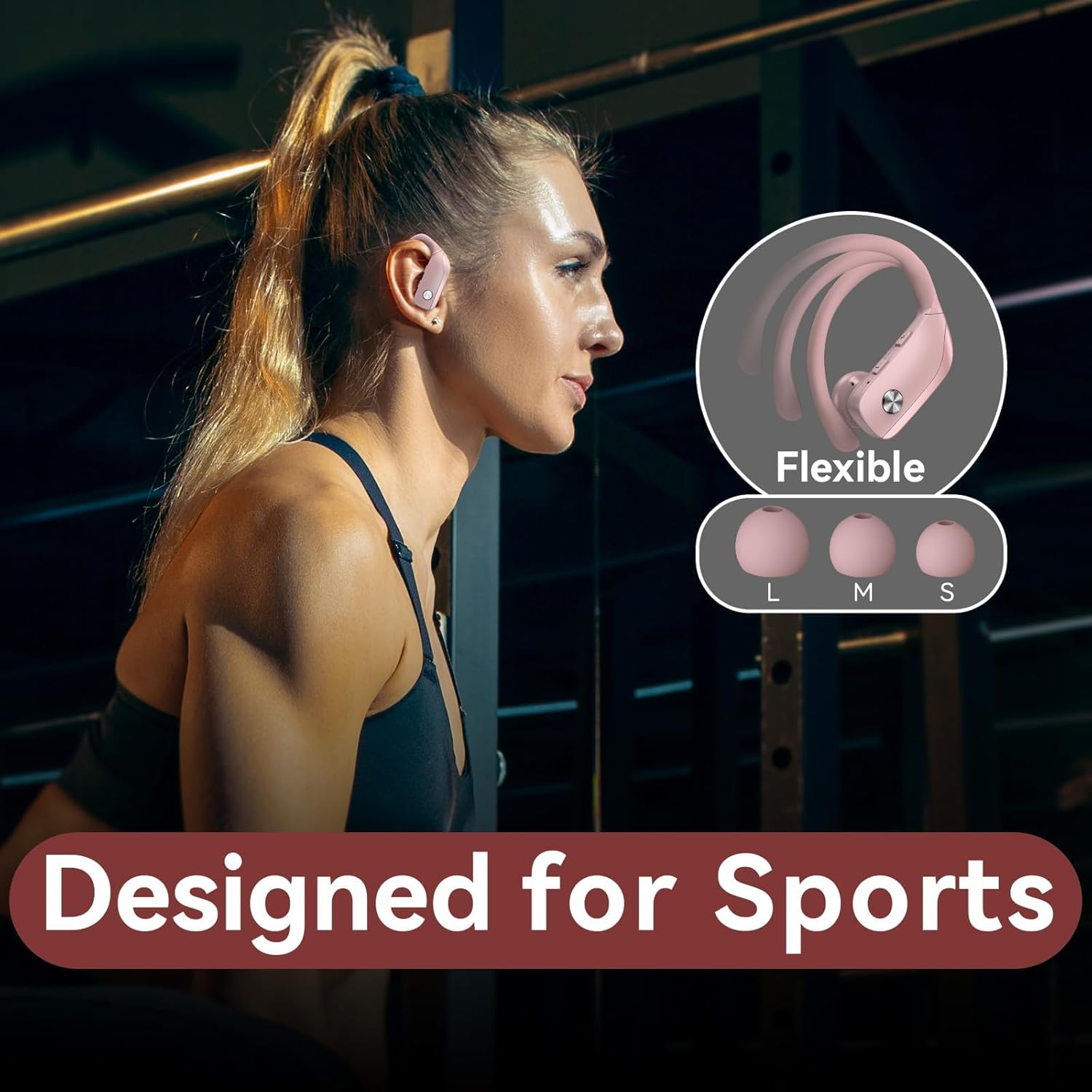 bmani Ear Buds Wireless Earbuds Bluetooth Headphones with 80H Playtime LED Display Case, Over-Ear Hook with Mic, Stereo Sound, Easy Button Controls, Sports Earphones for Running Workout Gym Pink - Image 6