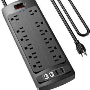 6 Ft Extension Cord Power Strip, Teiobar Surge Protector with 12 AC Outlets and 4 USB Ports for Home, Office, Dorm Essentials, 2700 Joules, ETL Listed, Black