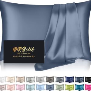 Silk Pillowcase for Hair and Skin, Mulberry Silk Pillow Cases Standard Size, Anti Acne Cooling Sleep Both Sides Natural Silk Satin Pillow Covers with Hidden Zipper, Gifts for Women Men, Ash Blue