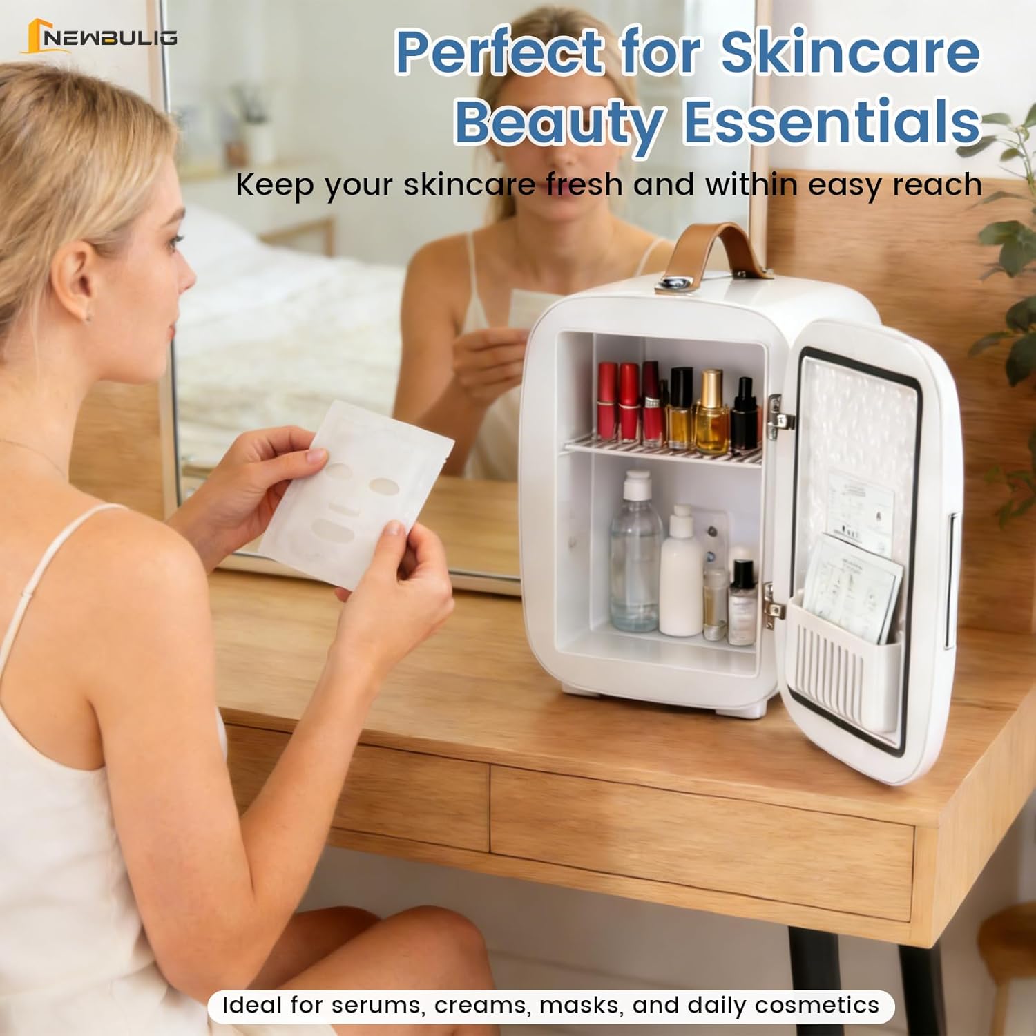 NEWBULIG Mini Fridge for Bedroom, Office & Car, Portable 4L/4.23QT Mini Refrigerator for Skincare with Handle, Ultra-Quiet Energy-Saving Compact Cooler for Drinks, Food, Skincare & Makeup, 12V AC/DC - Image 3