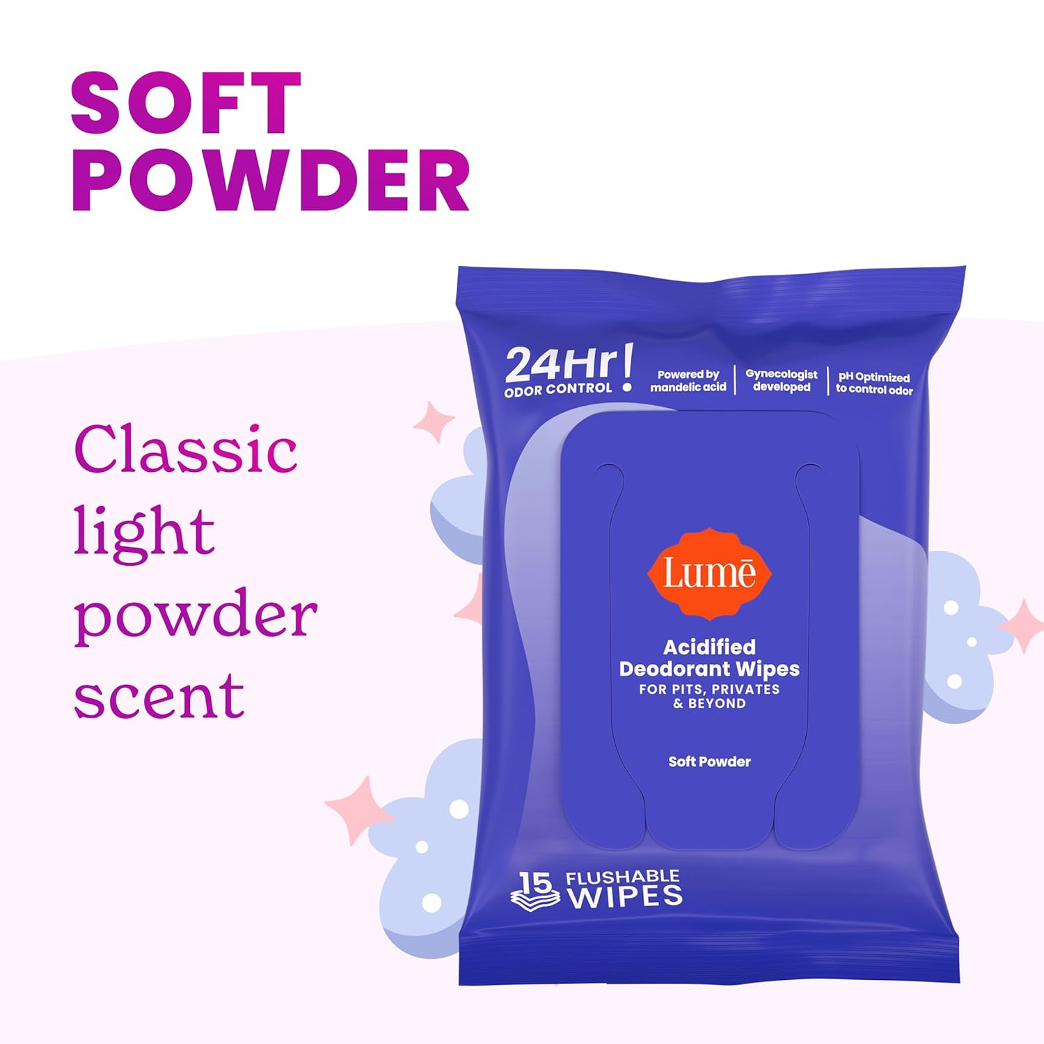 Lume Acidified Deodorant Wipes - 24 Hour Odor Control - Whole Body Deodorant Wipes - Aluminum Free, Baking Soda Free, Skin Loving - Flushable - 15 Count - 3 Pack (Soft Powder) - Image 6