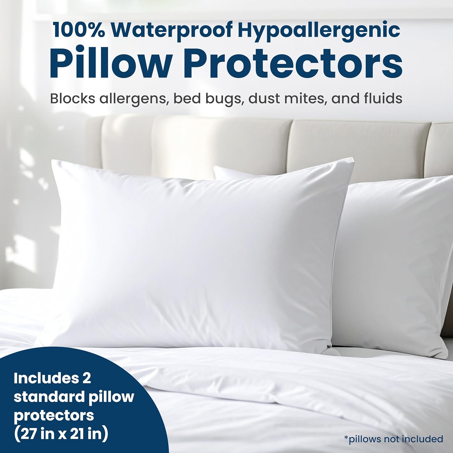 100% Stain Resistant & Waterproof Standard Size Pillow Protectors with Zipper Set of 2 - Bed Bug & Dust Mite Proof White Pillowcases - Breathable, Comfortable Covers for Pillows, 21 x 27 Inches - Image 3