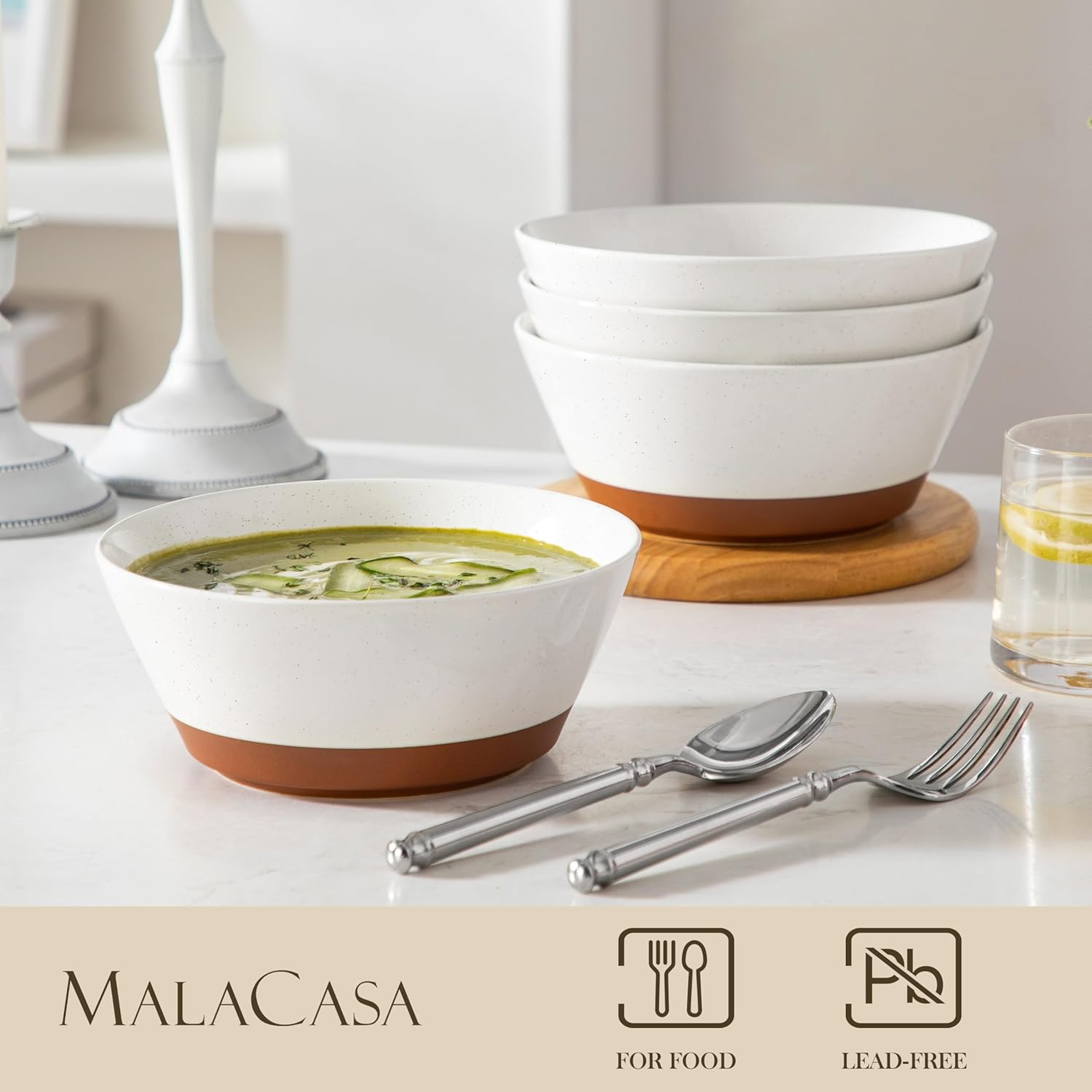 MALACASA Soup Bowls, Ceramic Salad Bowls Set of 4, 36oz Ceramic Bowls for Ramen, Cereal, Fruit and Pho, Microwave & Dishwasher Safe, Speckled Deep Bowls, Vanilla White & Brown - Image 5