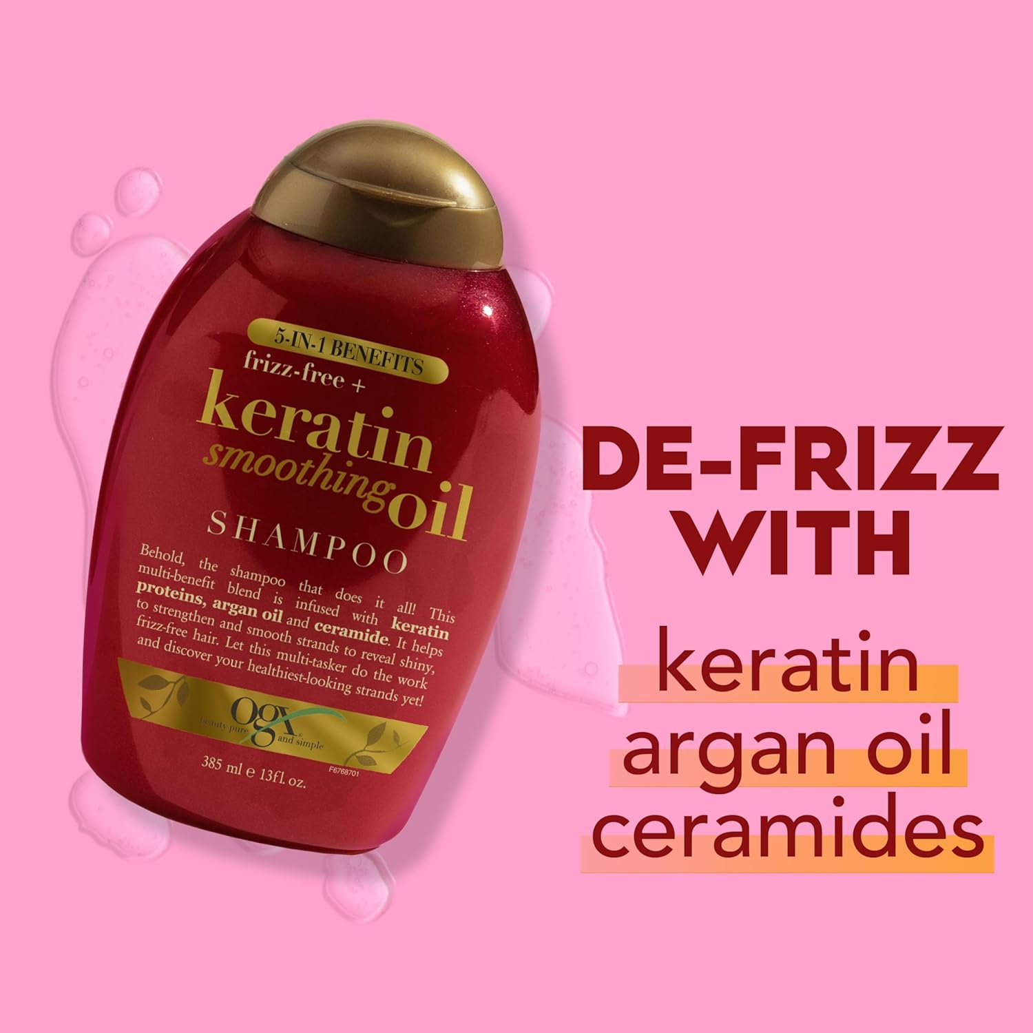 OGX Frizz-Free + Keratin Smoothing Oil Shampoo, 5 in 1, for Frizzy Hair, Shiny Hair, 13 Fl Oz - Image 5
