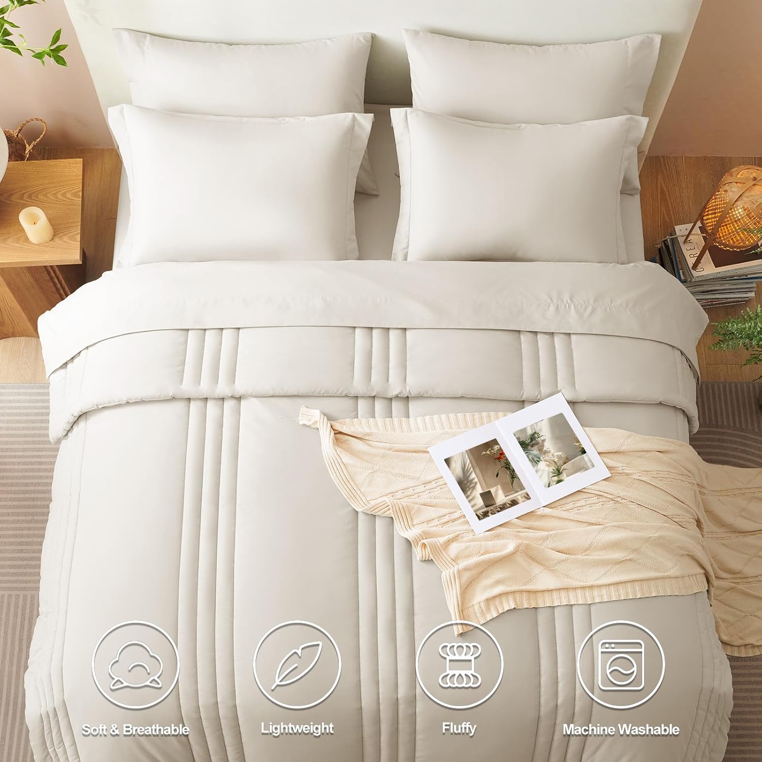 CozyLux Queen Comforter Set Beige - 7 Pieces Bed in a Bag, Modern Vertical Quilted Room Decor, Soft All-Season Bedding Gift with Comforter, Sheets, Pillowcases & Shams - Image 3