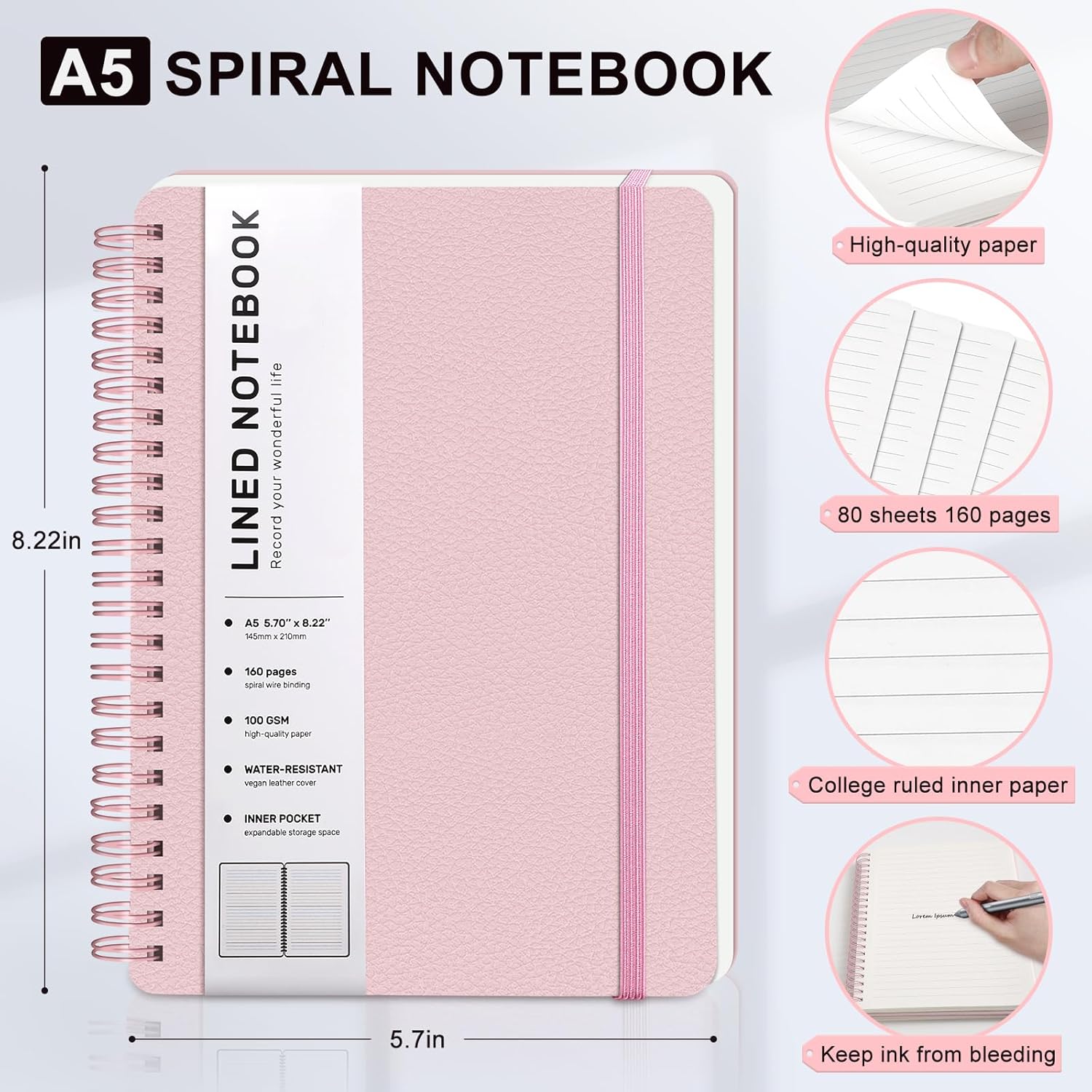 ABERLLS Lined Spiral Journal Notebook with 160 Pages, 8×5.7in, A5 Spiral Notebook, Journaling Notebooks for Work, School, Women, Men, College Ruled Spiral Notebook, Hardcover Leather Journals, Pink - Image 2