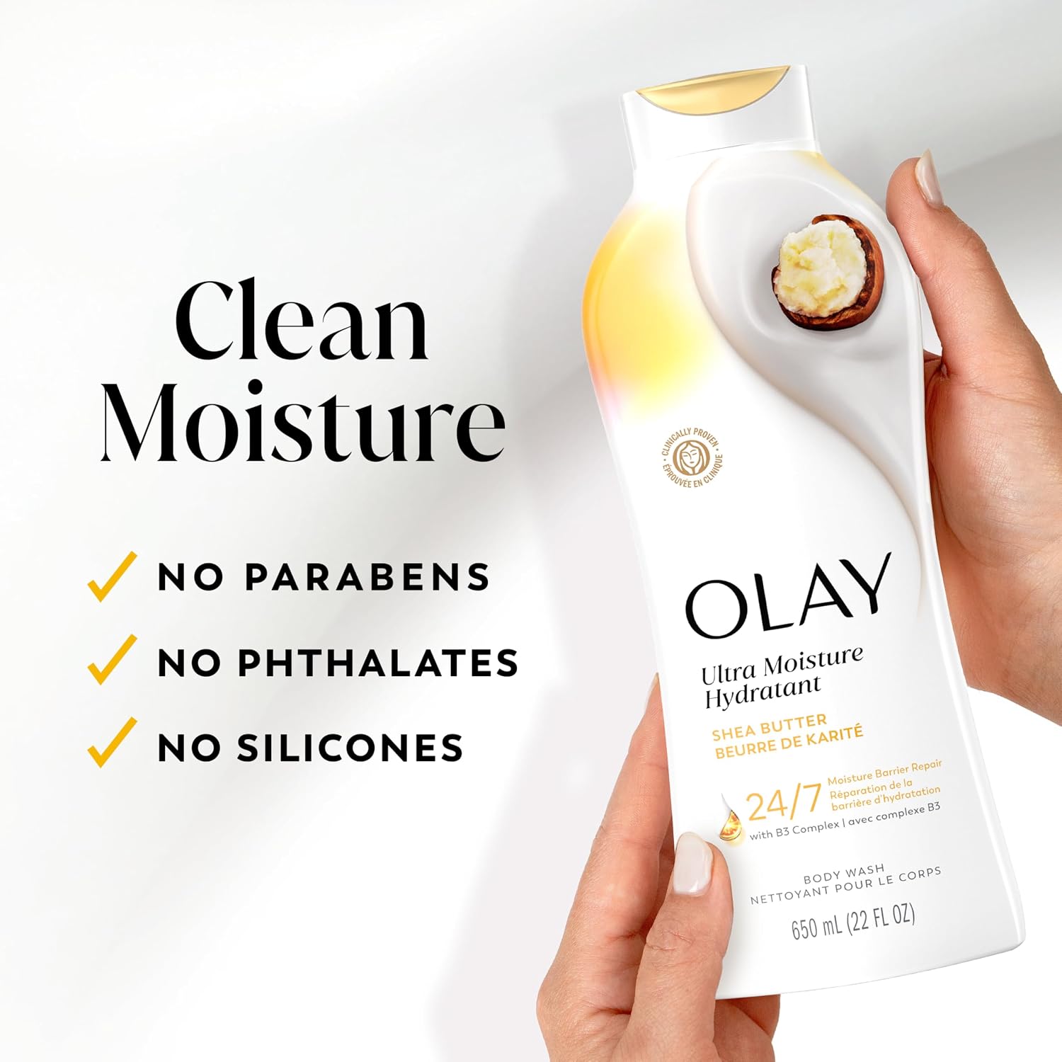 Olay Body Wash for Women, Ultra Moisture, 24hr Moisturizing, Hydrating & Refreshing, B3 Vitamin Complex, Free of Parabens & Phthalates, For All Skin Types, Shea Butter Scent, 22 fl oz - Image 8