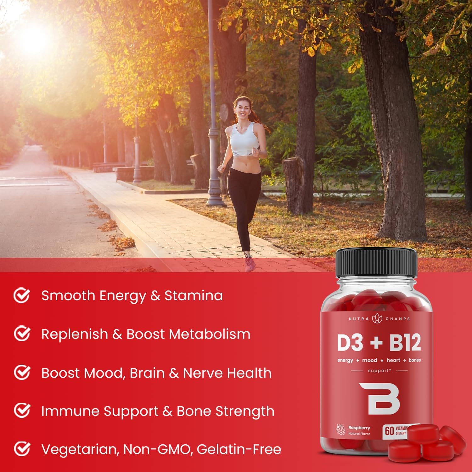 NutraChamps Vitamin D3 & B12, Methyl B12 Gummies for Adults & Kids, Enhanced with Vitamin D 3 & B9 Vitamin Folate, Natural Energy, Mood, Metabolism & Focus, Raspberry, 120 Gummies (Pack of 2) - Image 4
