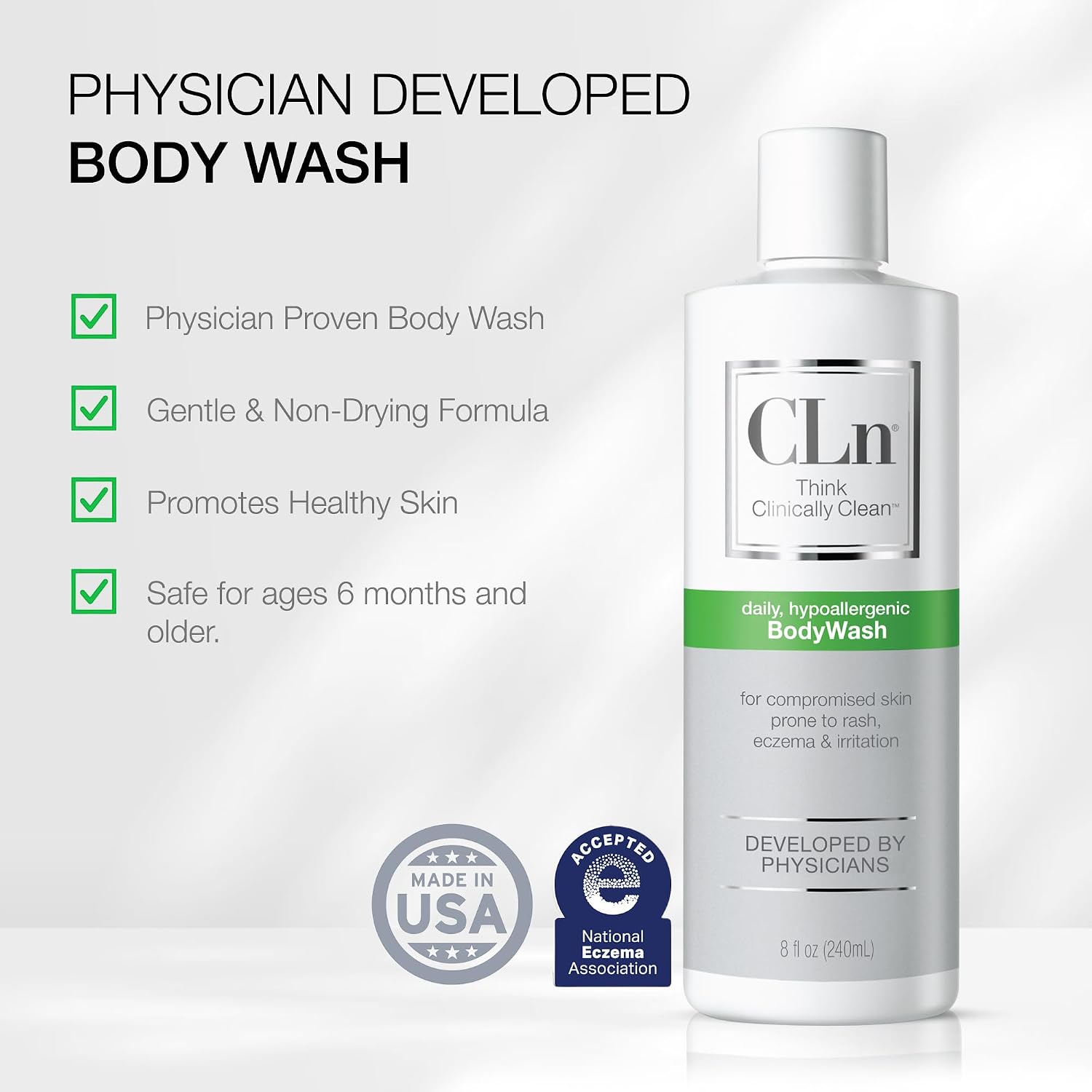 CLn® BodyWash – Non-Drying Body Wash Preserved with Sodium Hypochlorite, For Compromised Skin Prone to Eczema, Dermatitis, Rash & Hidradenitis Suppurativa, Fragrance-Free & Paraben-Free, 8 fl oz - Image 10