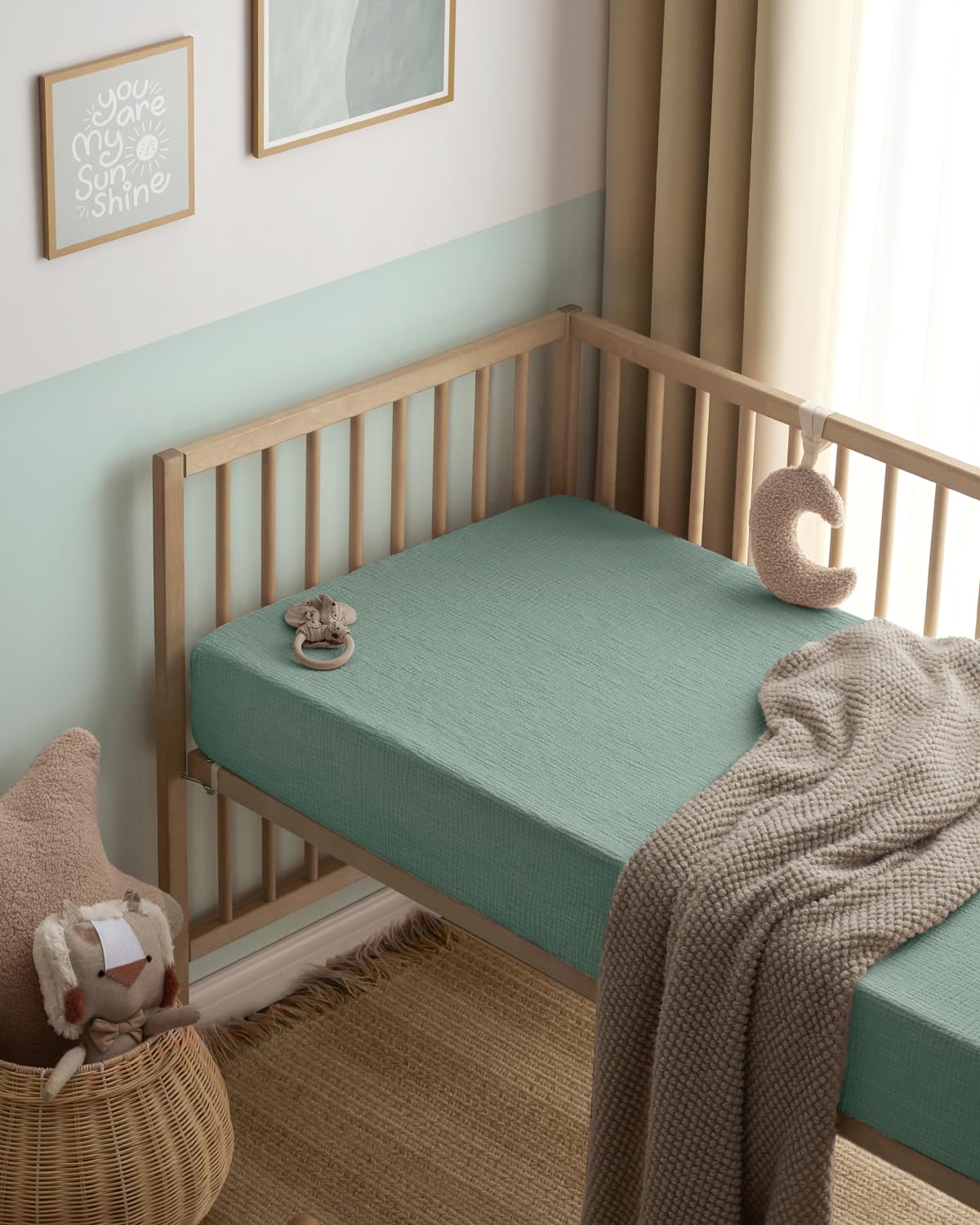 Blissful Diary Muslin Crib Sheets for Girl Boy, Boho Neutral Soft Cotton Baby Sheet for 52''x28'' Standard Crib Mattress, 2 Pack(Sage Checkboard & Sage Green) - Image 7