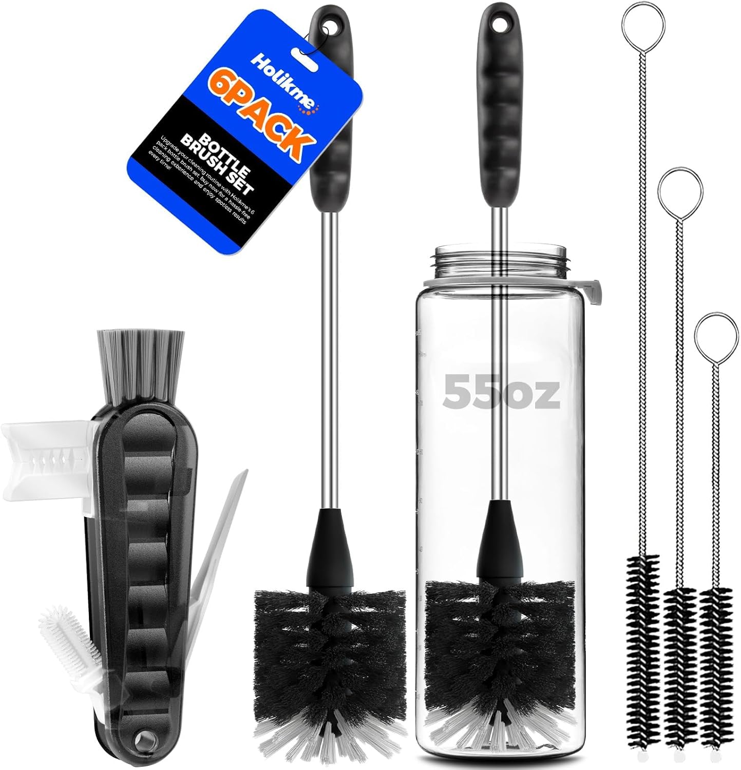 Holikme 6 Pack Bottle Brush Set, 14" Long Handle Stainless Steel Bottle Cleaner Brush, 3 Straw Brushes, 4-in-1 Bottle Cleaning Brush for Water Bottle, Antistatic Lab Brushes Straws, Black - Image 2