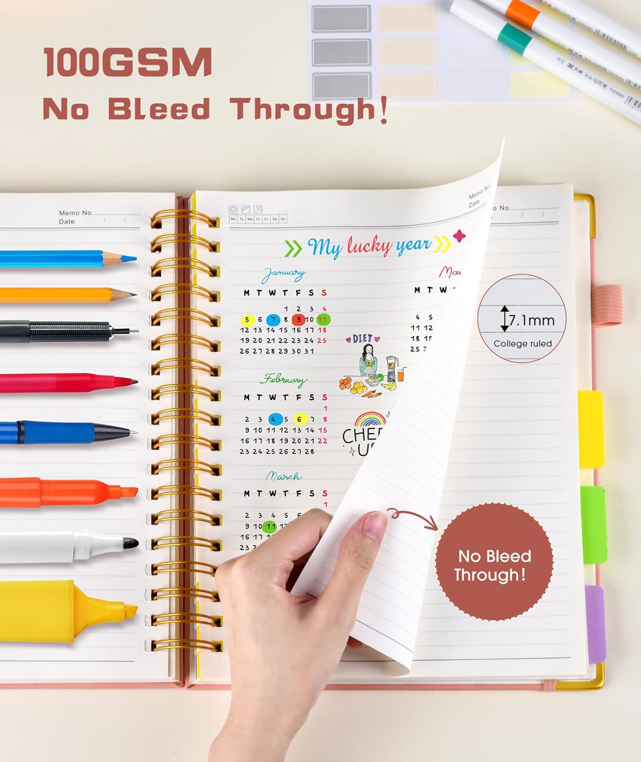 Hardcover Spiral Notebook Journal with Removable Dividers Tabs, 300 Pages Leather 5 Subject Notebook College Ruled, 8"x10" Large B5 Notebooks for Work School Note taking, Lined Journal for Women, Pink - Image 5