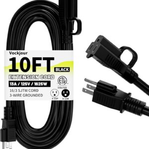 16/3 Black Indoor Outdoor Extension Cord 10 Ft Waterproof, Extension Cord with 3 Prong Grounded Plug,13A 1625W 16AWG SJTW, Flexible Weatherproof Power Cable for Offices, Gardens and Lawns
