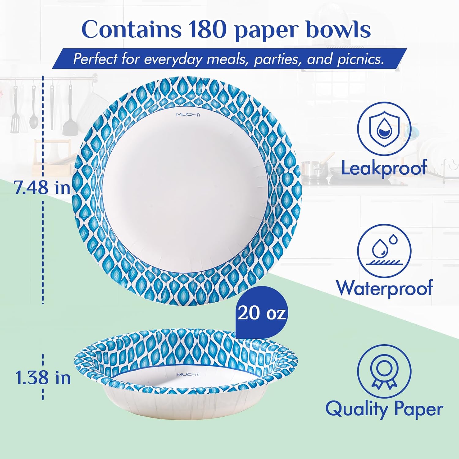 MUCHII 20 Oz Paper Bowls 180 Count Disposable Bowls, Printed Soak Proof Large Bowls for Breakfast, Lunch, and Dinner Meals - Image 4