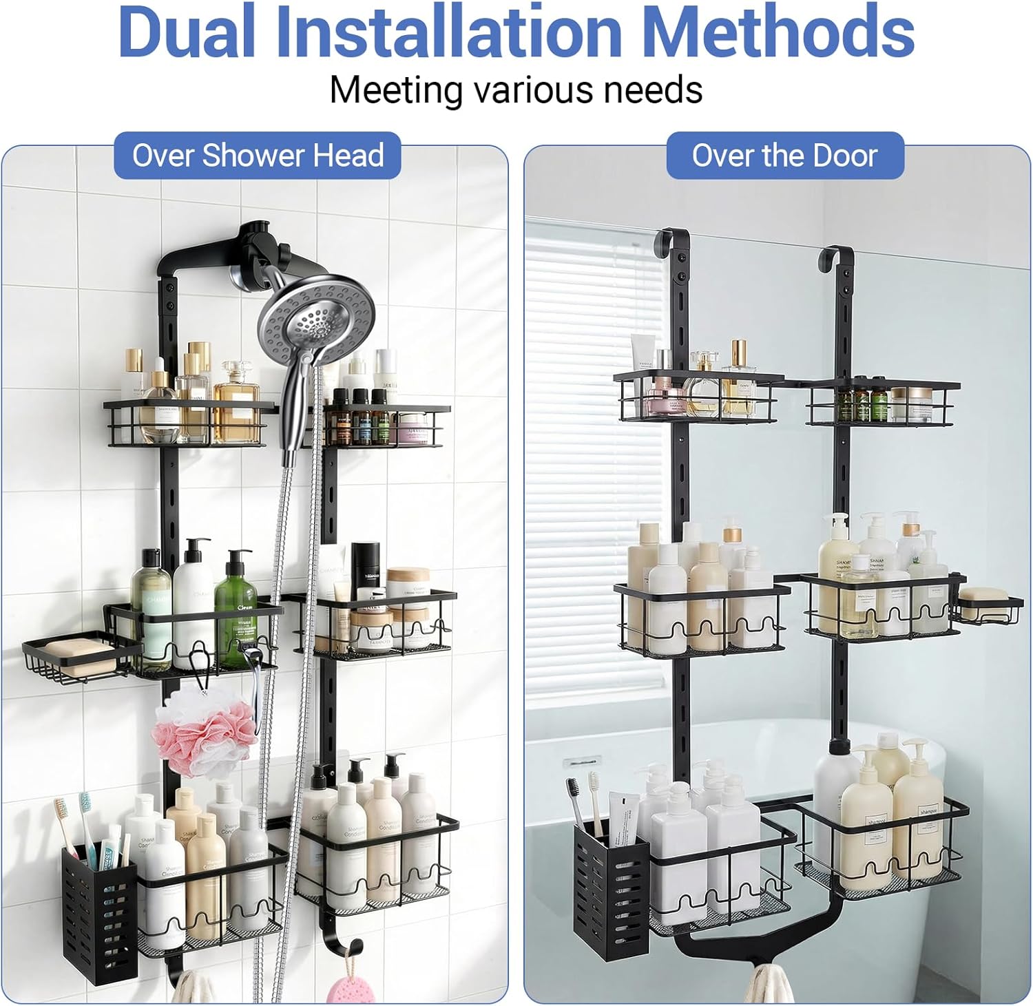 Extra Large Shower Caddy Hanging, Rust-Resistant Shower Organizer Hanging, 3 Tier Height-Adjustable Over the Head Caddy, Rack with Soap Basket (Black) - Image 4