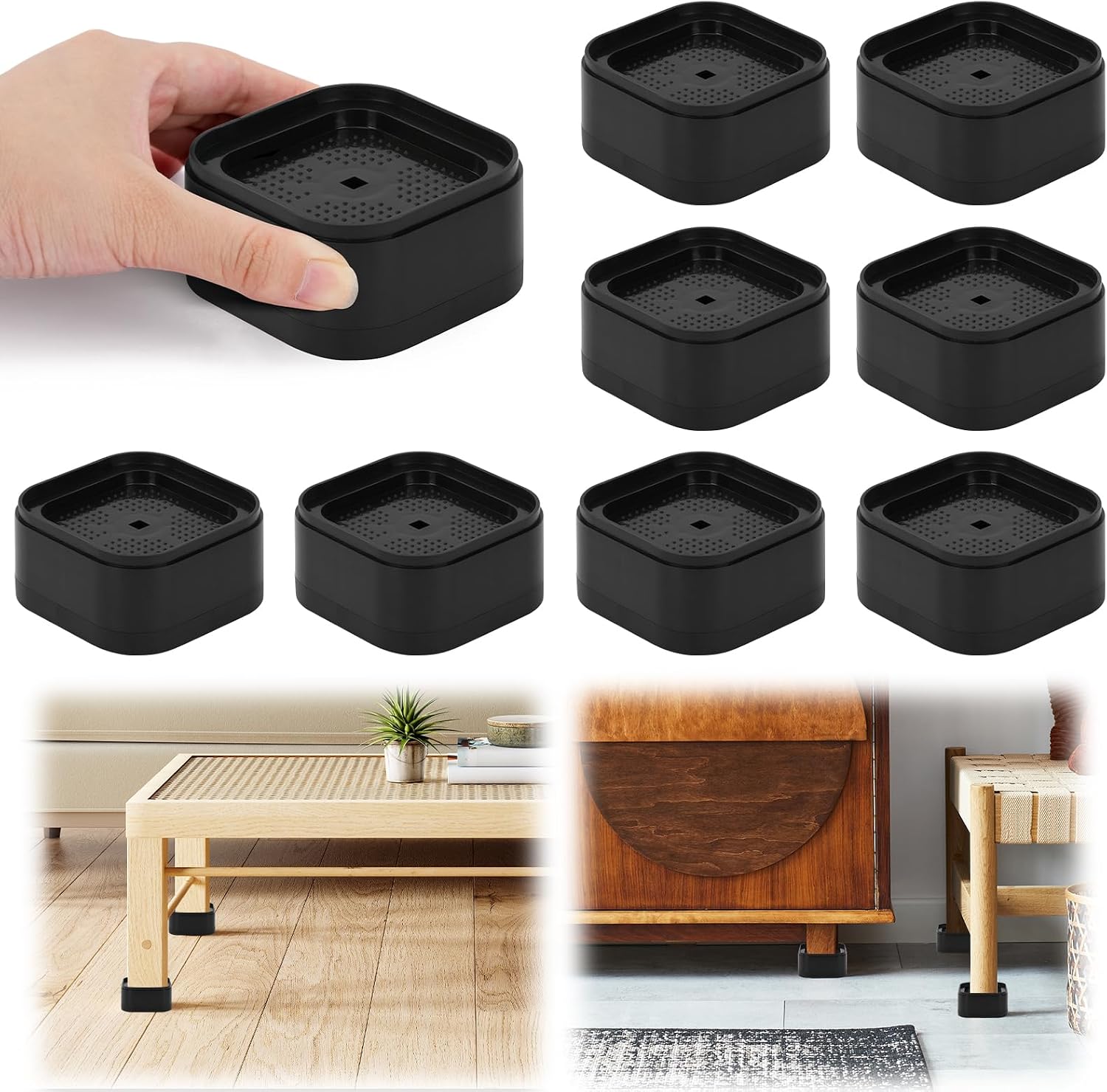8 Pack Furniture Risers, Adjustable Heavy Duty Bed Risers Lift to 1.5", Square Stackable Desk Table Risers Blocks for Couch Sofa Chair Refrigerator Washing Machine (Black, 1 Layer) - Image 9