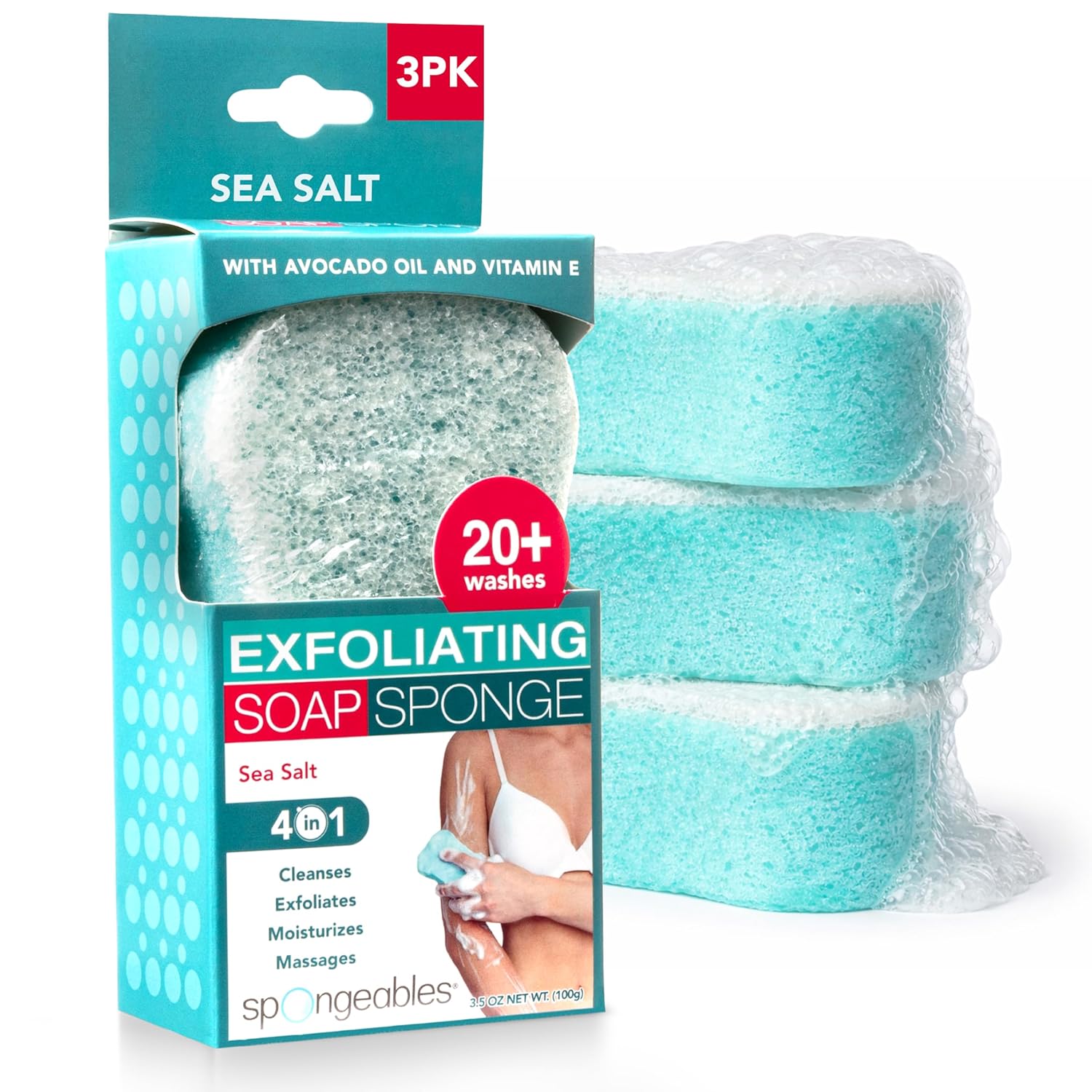 Spongeables Body Wash in a 20+ Wash Sponge, Sea Salt, 3 Count - Image 2