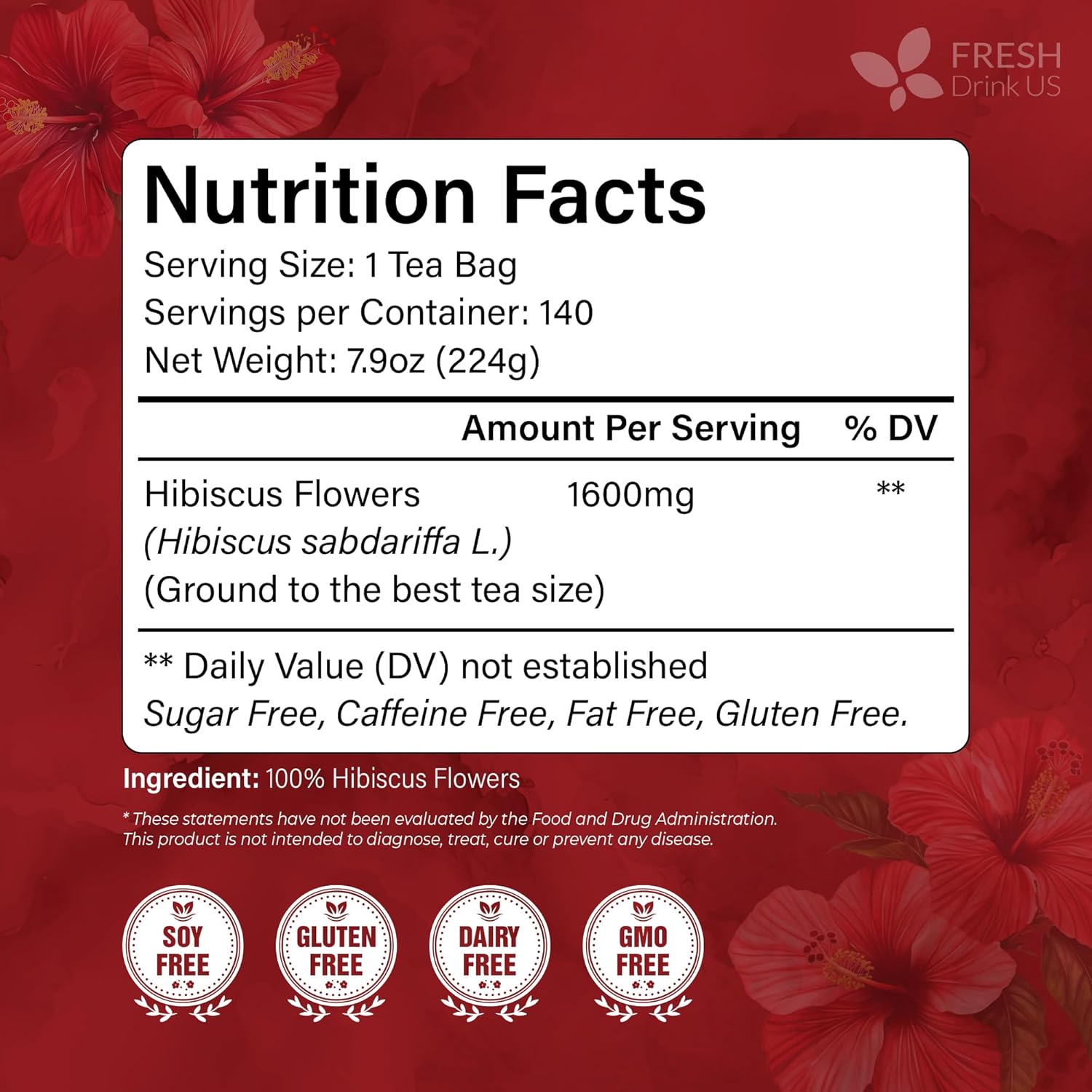 FRESHDRINKUS 140 Hibiscus Flowers Tea Bags, 100% Natural, Pure from Hibiscus Flowers. Loose Flower Hibiscus Herbal Tea. Hibiscus Flower Tea. No Sugar, No Caffeine, No Gluten, Vegan. - Image 3