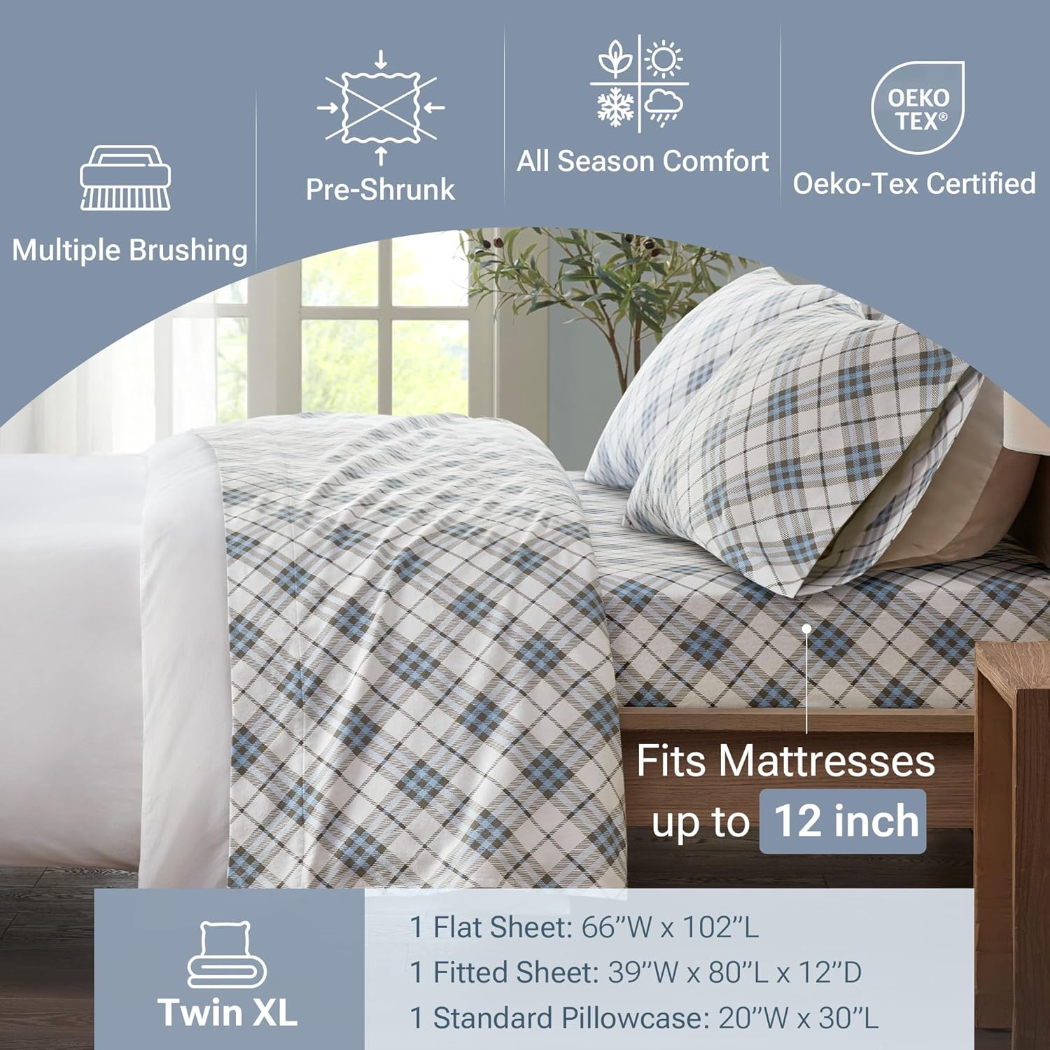 True North by Sleep Philosophy Cozy Flannel Warm 100% Cotton Sheet - Novelty Print Animals Stars Cute Ultra Soft Cold Weather Bedding Set, Twin XL, Blue Plaid 3 Piece - Image 5