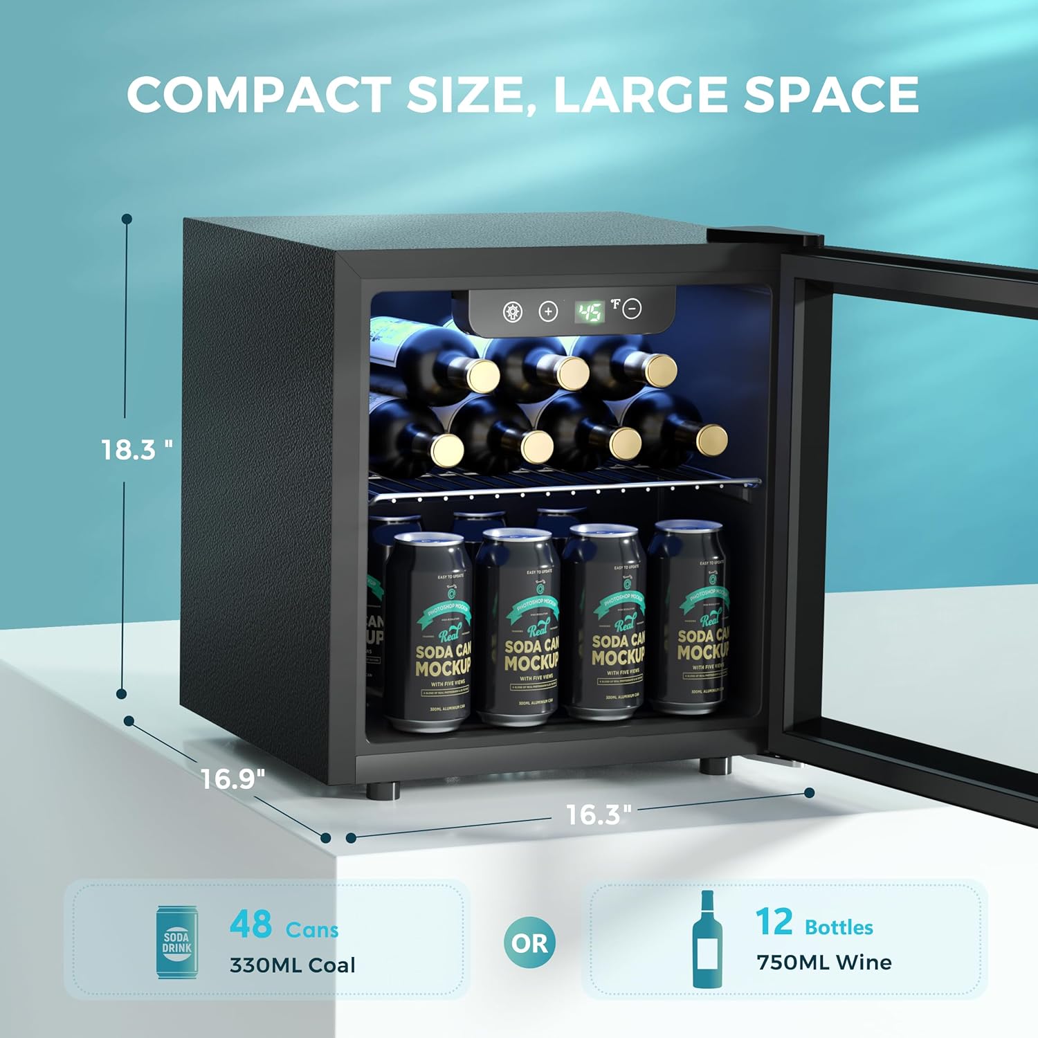 EUHOMY 48 Can Beverage Refrigerator cooler-Mini Fridge Glass Door for Beer Drinks Wines, Countertop Beverage Fridge with Adjustable Shelves Blue LED for Home/Office/Dorm/Bar, 1.3 cu.ft - Image 2