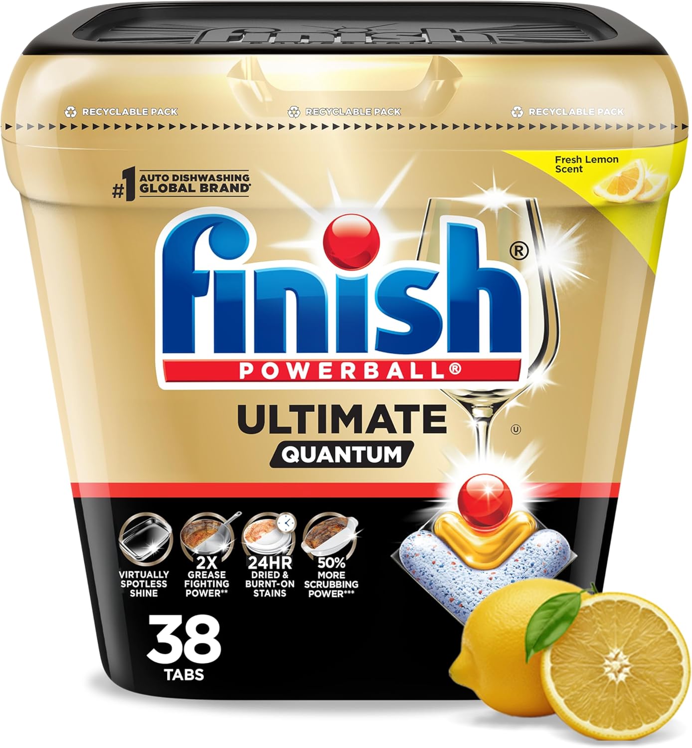 Finish Ultimate Quantum Dishwasher Pods, New & Improved Formula, Dishwasher Detergent Dish Soap, Removes Burnt-On & Dried-On Stain, Degreasing & Scrubbing Power, Lemon Scent, 38 Count - Image 2