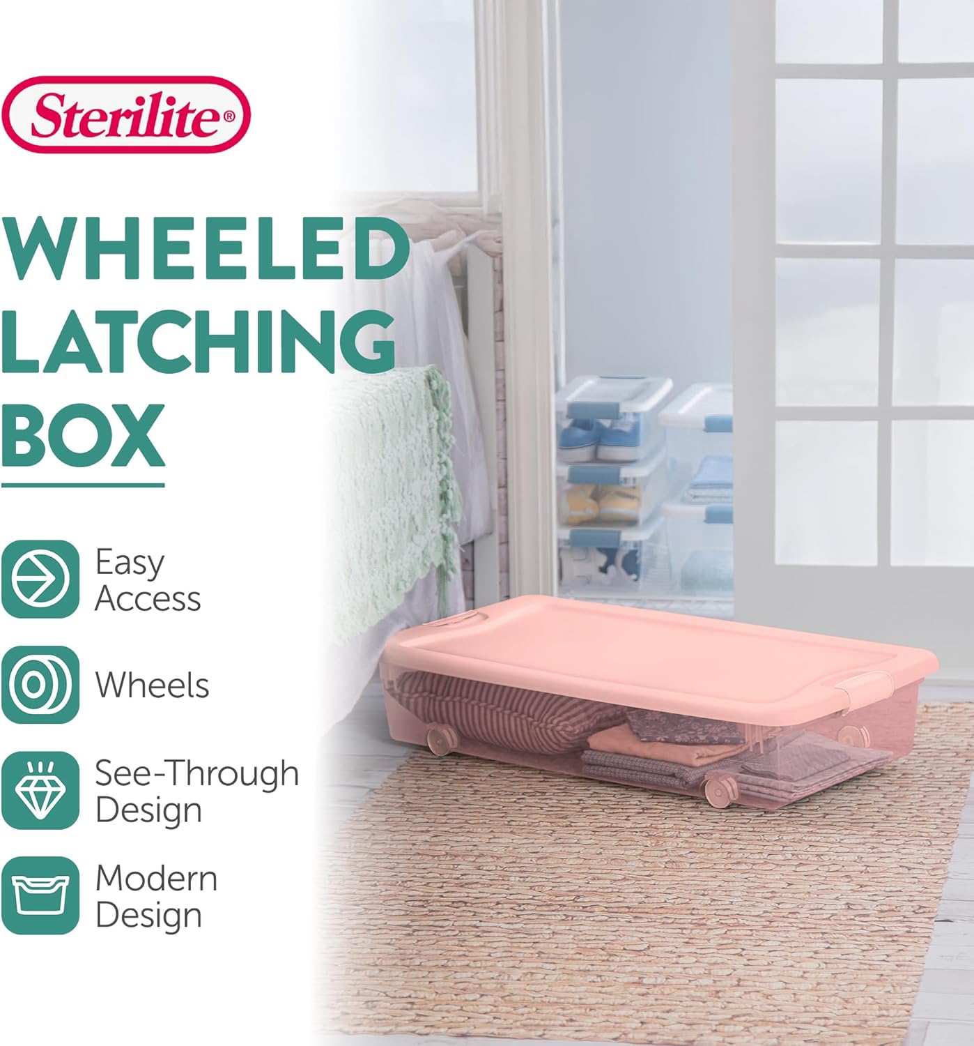 Sterilite 4-Pack 56 Quart Wheeled Latching Box, Underbed Plastic Storage Organizer, Pearl Blush Tint - Under Bed Rolling Container Bin with Lid and Wheels for Home or Dorm Bedrooms and Closets - Image 4