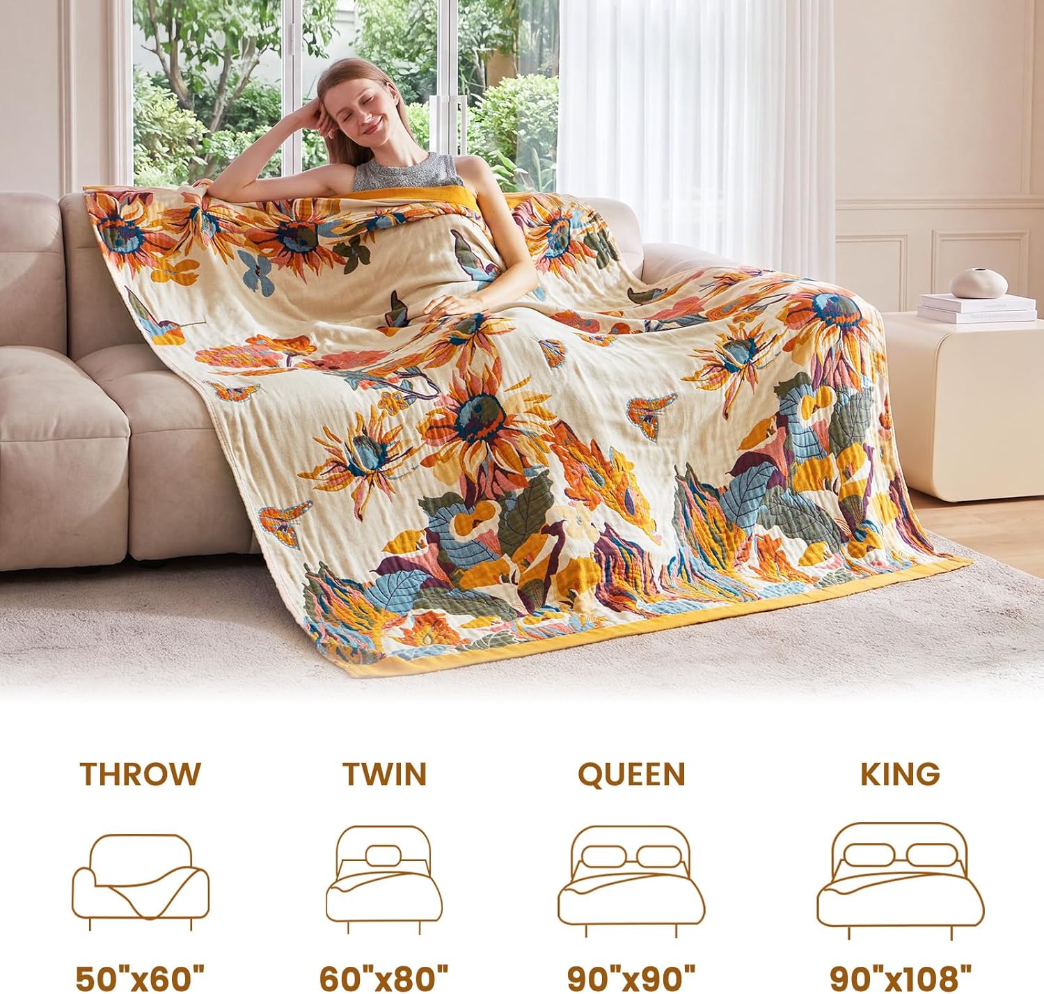 MSGKV Boho Throw Blanket 60''x80'',100% Cotton Blanket for Couch Bed, Summer Breathable Quilt Farmhouse Home Decor Soft Lightweight Picnic Blankets - Image 7