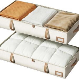 Vailando Under Bed Storage Containers, 6 Inches Tall 60L Underbed Storage Bins with Leather Handles and Sidewalls, Closet Organizer for Clothes, Blankets, Seasonal Items, Beige with Brown, 2-Pack