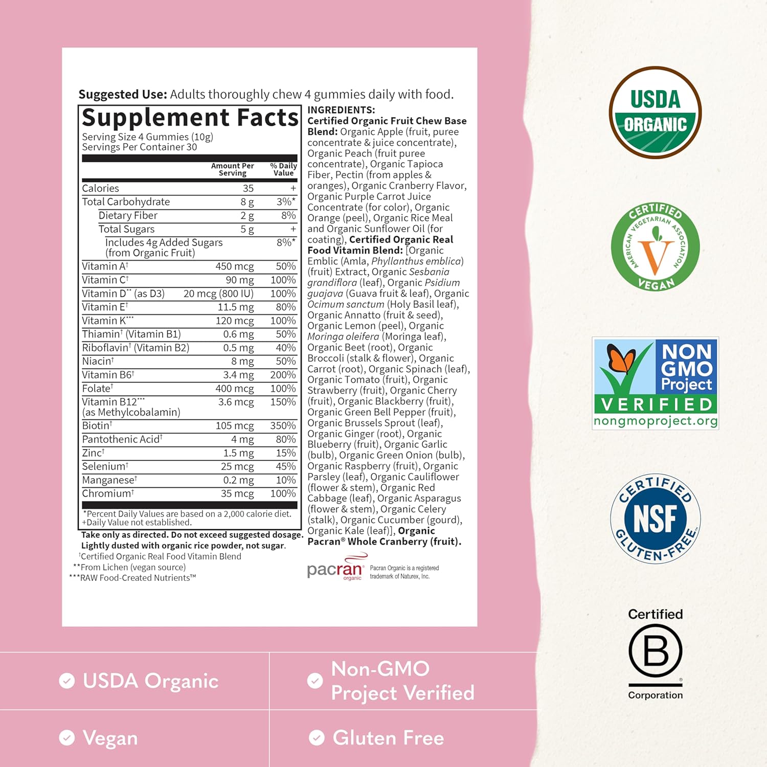 Garden of Life Organics Women's Gummy Vitamins - Berry - Certified Organic, Non-GMO, Vegan, Kosher Complete Multi - Methyl B12, C & D3 - Gluten, Soy & Dairy Free, 120 Real Fruit Gummies - Image 4