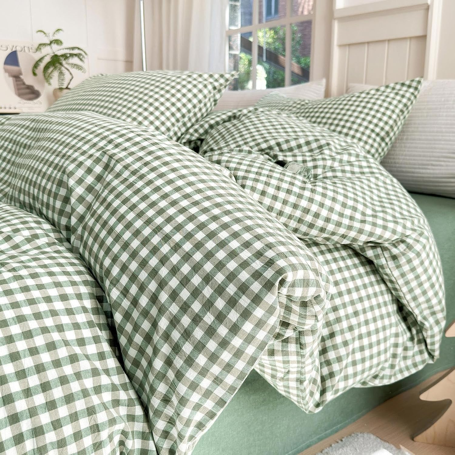 LifeTB Green Gingham Pillowcases Set Farmhouse Standard Size Pillow Shams Buffalo Green Plaid Pillowcases Set of 2, Grid Checkered Gingham Washed Cotton Pillow Covers with Envelope Closure, 20"×26" - Image 8