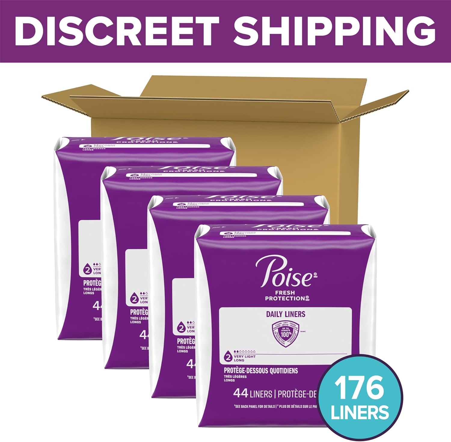 Poise Daily Liners, Incontinence Panty Liners for Bladder Leaks, 2 Drop Very Light Absorbency, Long Length, 176 Count of Pantiliners (4 Packs of 44), Packaging May Vary - Image 2