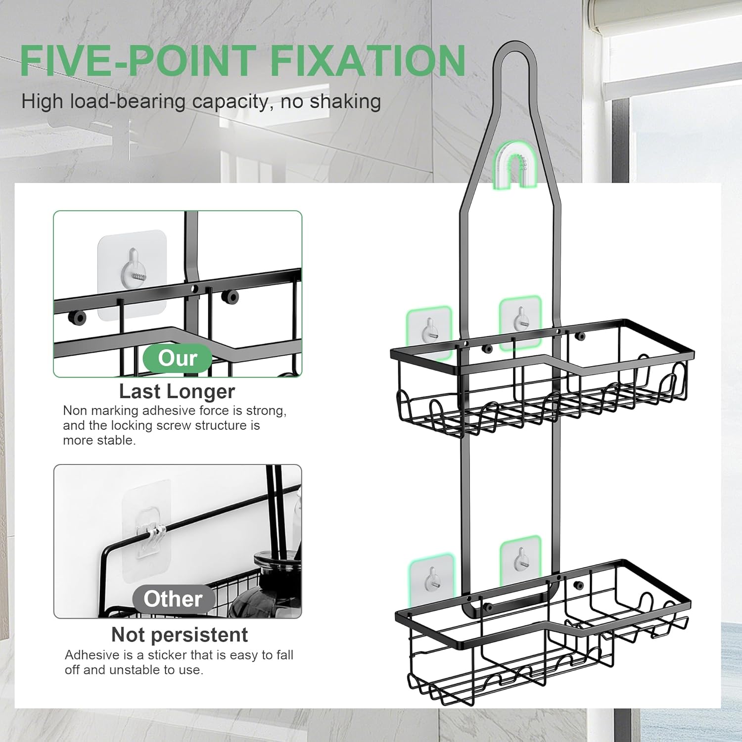 Shower Caddy Hanging,Rustproof Anti-Swing Shower Organizer,2 Tier Hanging Bathroom Caddy Anti-swing and Non-slip,Bathroom Organizer with 18 Hooks for Razor/Sponge - Image 3
