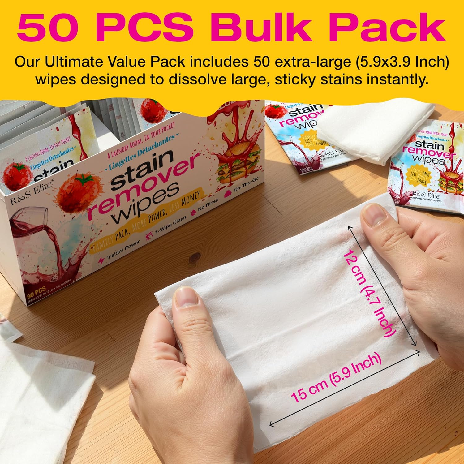 Stain Remover Wipes - 50 PCS Individually Wrapped – Instant Stain Remover for Clothes, Fabric & Jackets – Portable No-Rinse Cleaner for Travel, Purse & Diaper Bag – Removes Grease, Food & More - Image 7