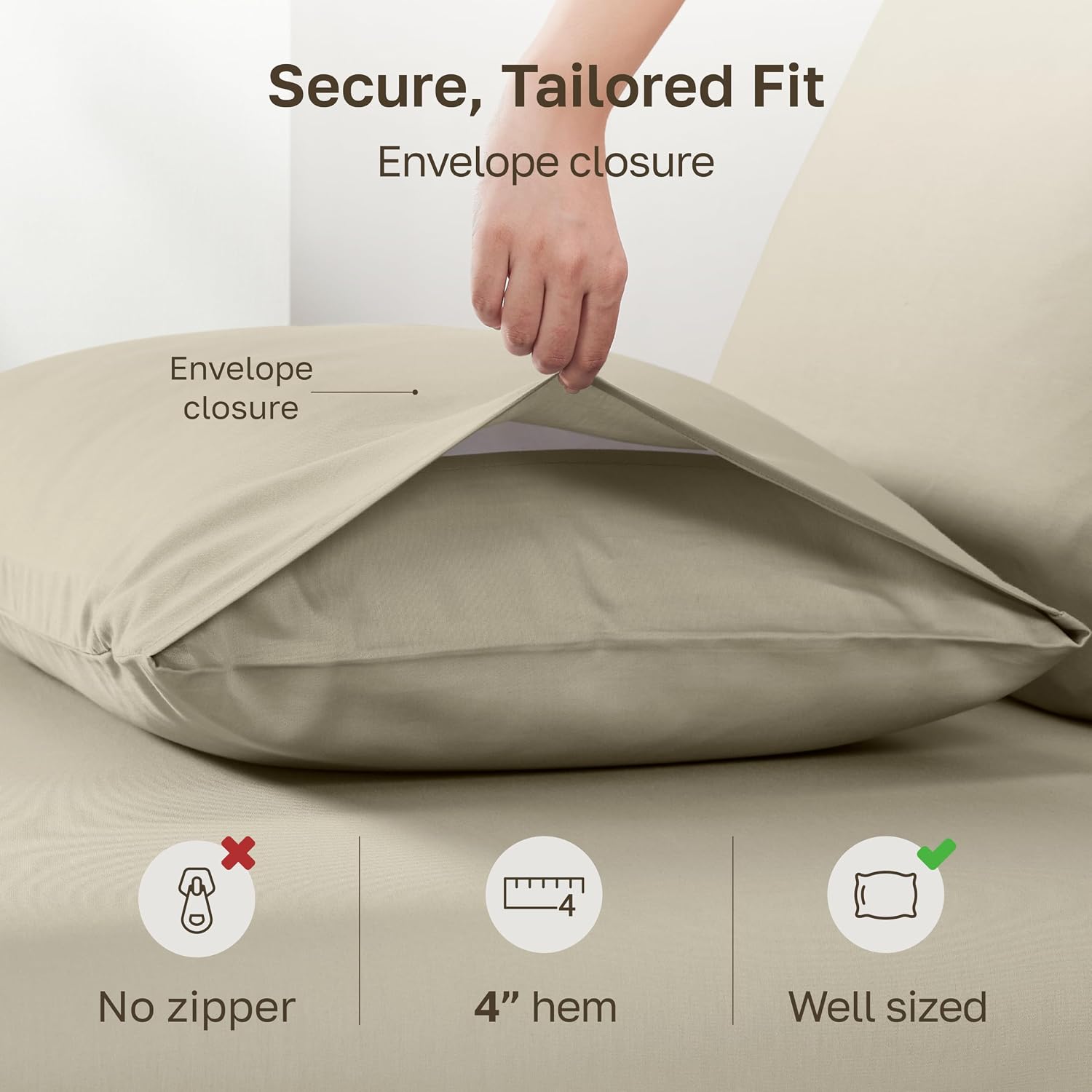 California Design Den 100% Egyptian Cotton Pillowcases Standard Size/Queen Size Pillowcases Set of 2 - Sateen Weave, Soft and Breathable Beige Pillow Cases - Beige - Image 5