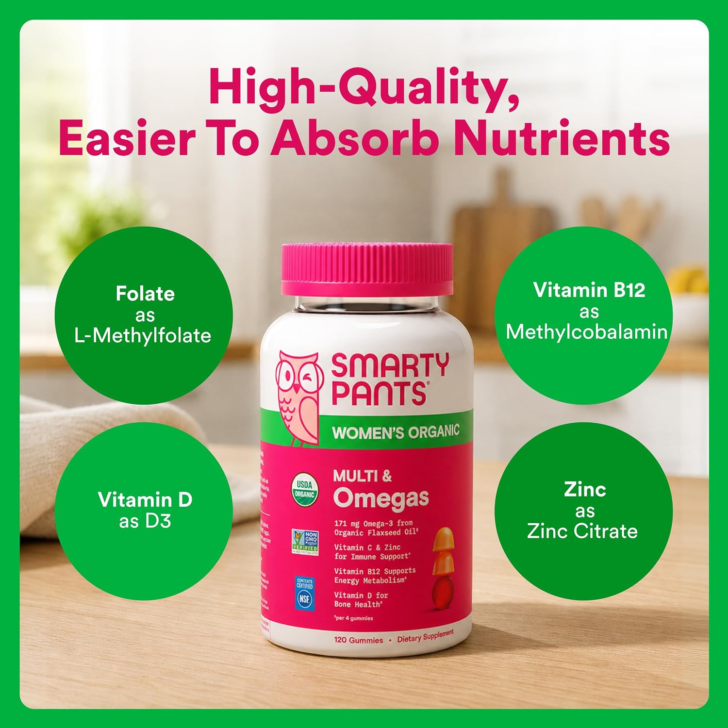 SmartyPants Organic Women's Multivitamin Gummies: Biotin, Methylfolate, Omega 3 (ALA), Vitamin D3, C, Vitamin B12, B6, A, K & Zinc, Inositol, Gluten Free, Vegetarian, 120 Count (30 Day Supply) - Image 7